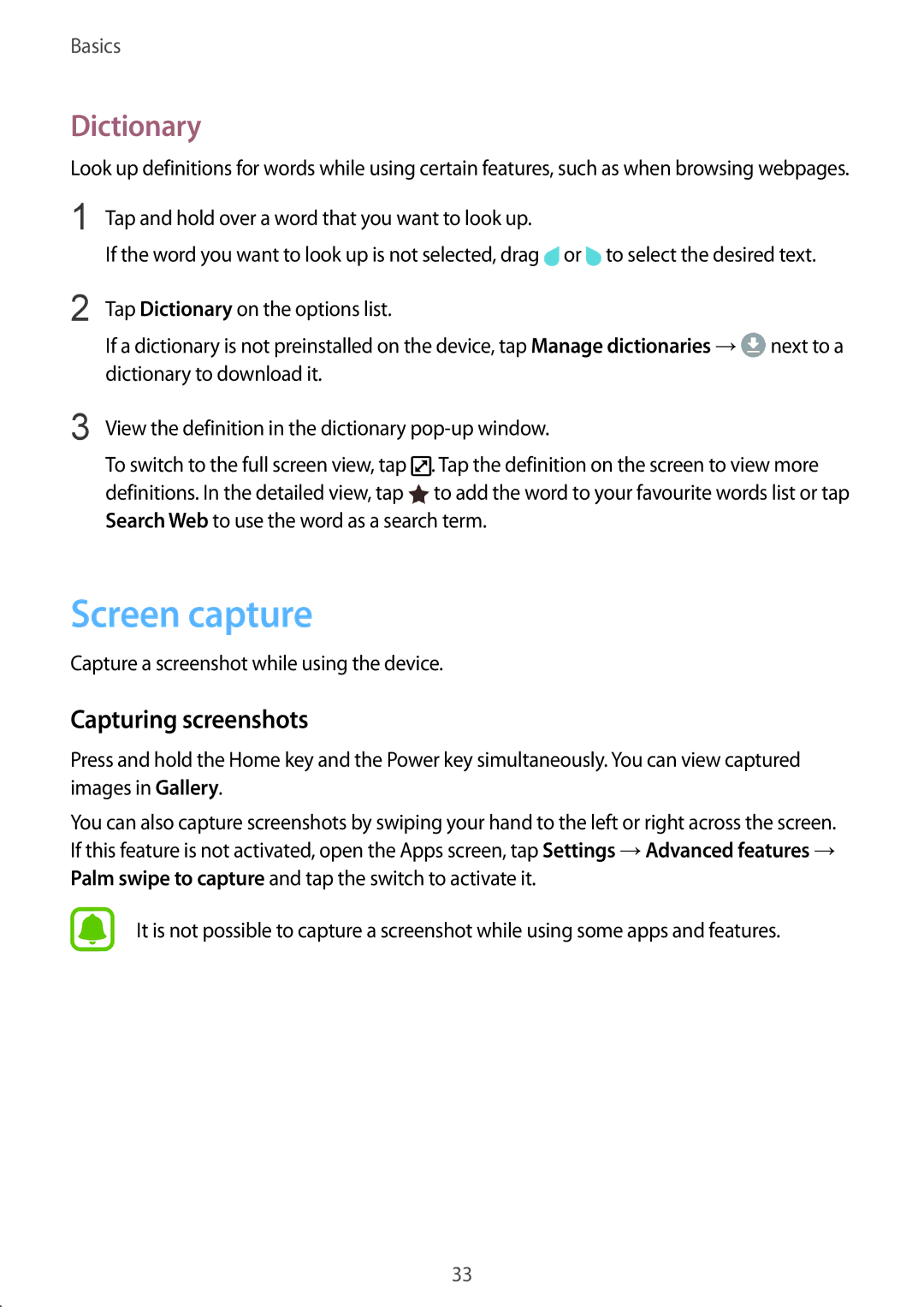 Samsung SM-A910FZDDXXV manual Screen capture, Dictionary, Capturing screenshots 