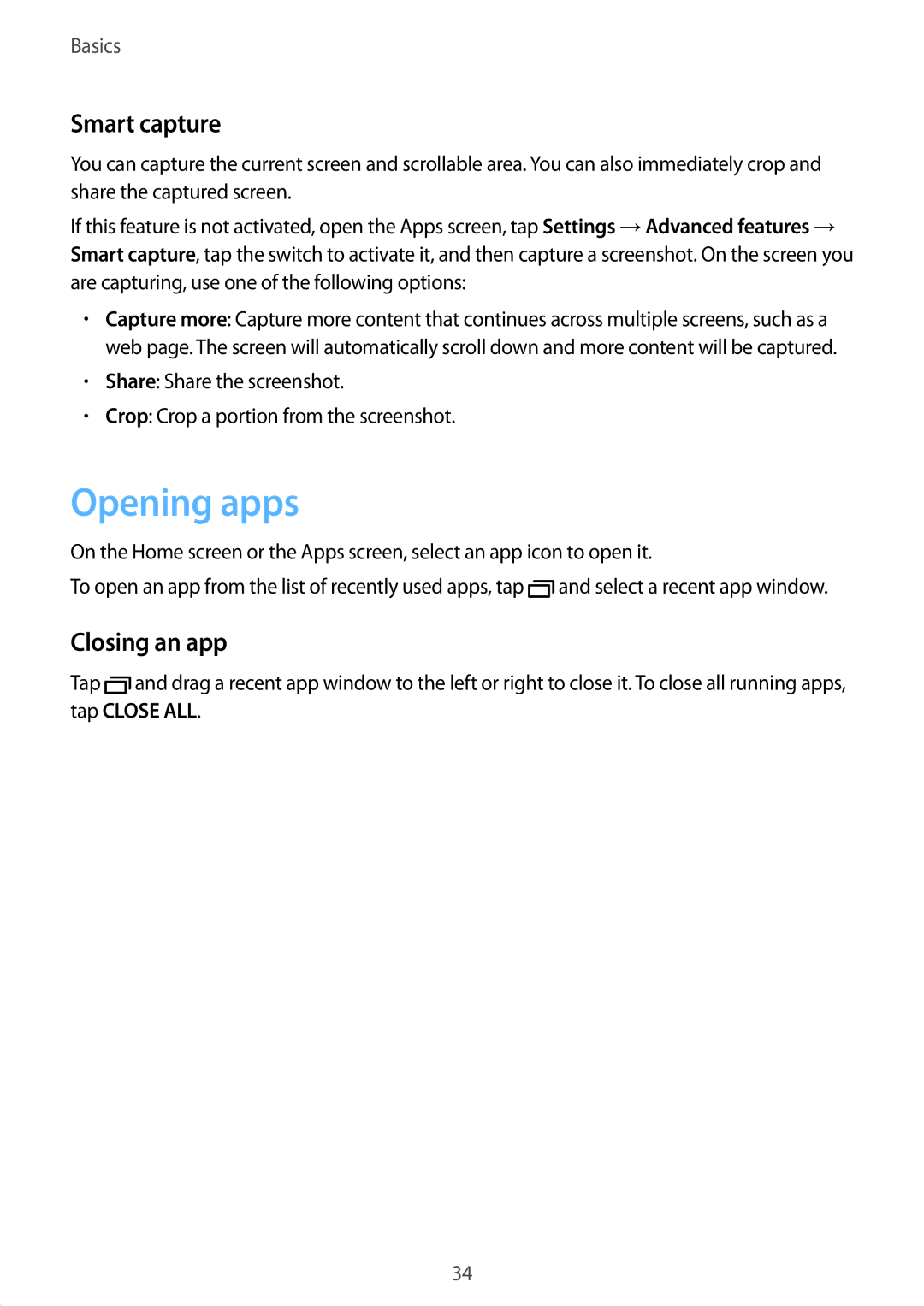 Samsung SM-A910FZDDXXV manual Opening apps, Smart capture, Closing an app 