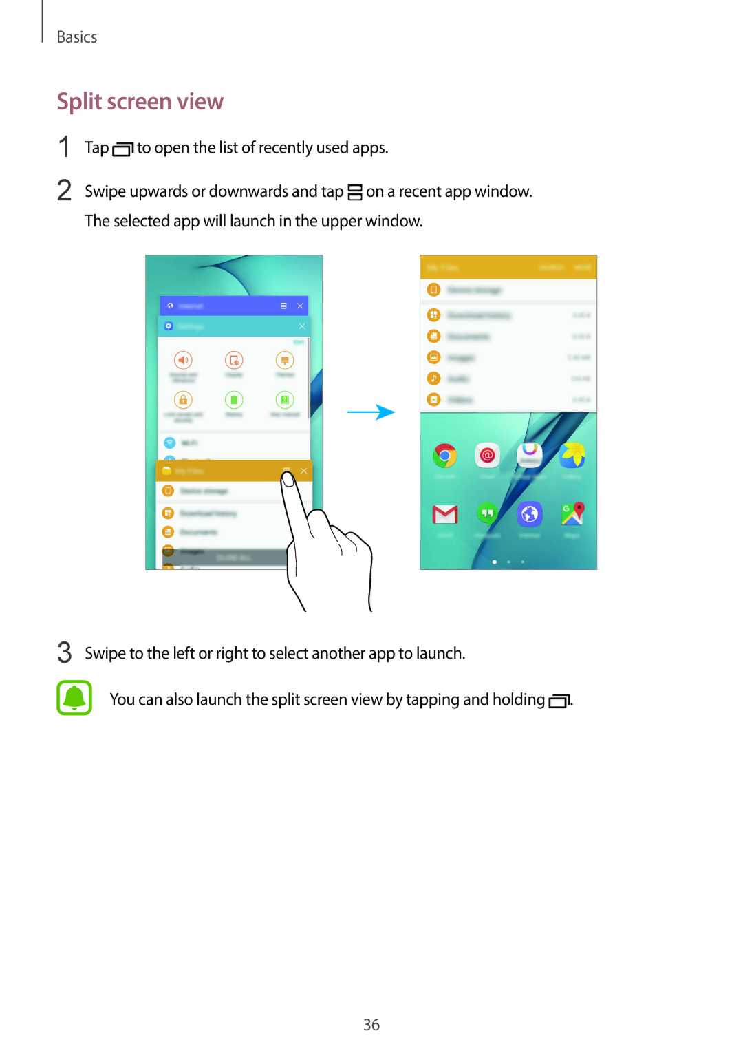 Samsung SM-A910FZDDXXV manual Split screen view, Tap to open the list of recently used apps 