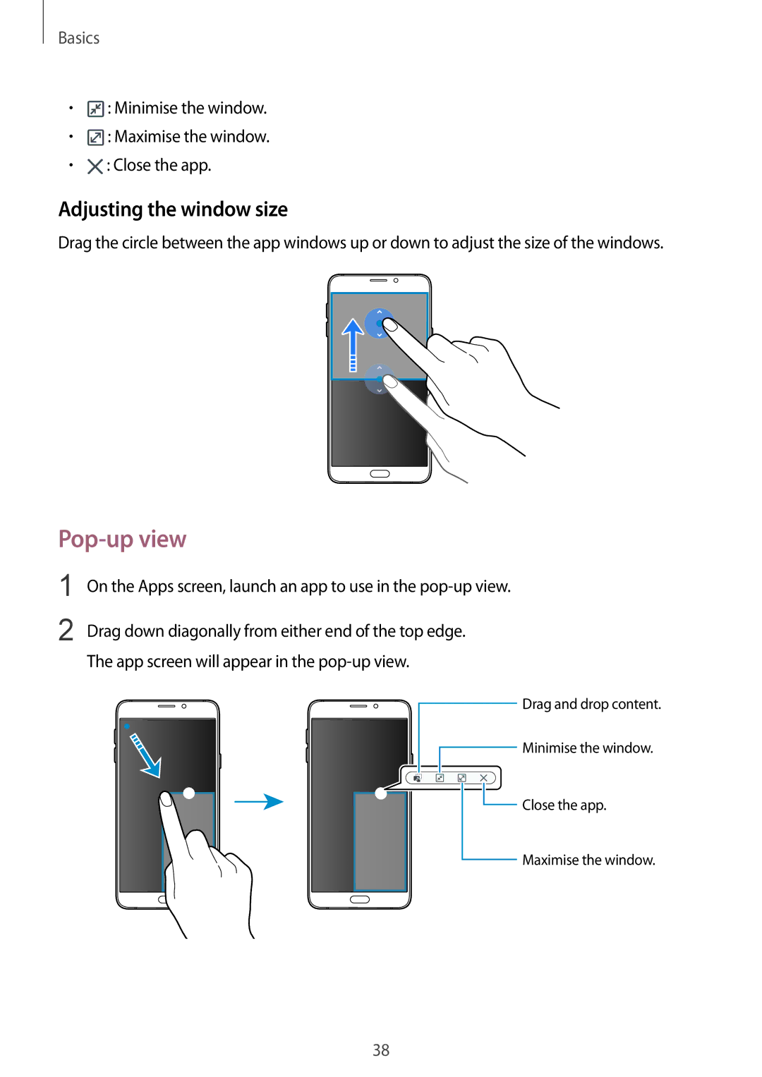 Samsung SM-A910FZDDXXV manual Pop-up view, Adjusting the window size 