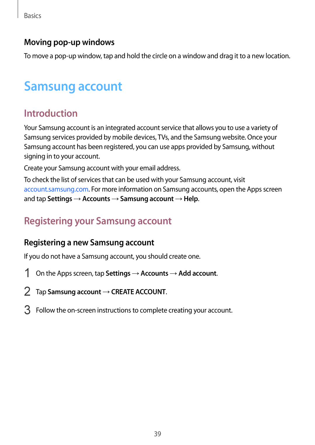 Samsung SM-A910FZDDXXV Registering your Samsung account, Moving pop-up windows, Registering a new Samsung account 