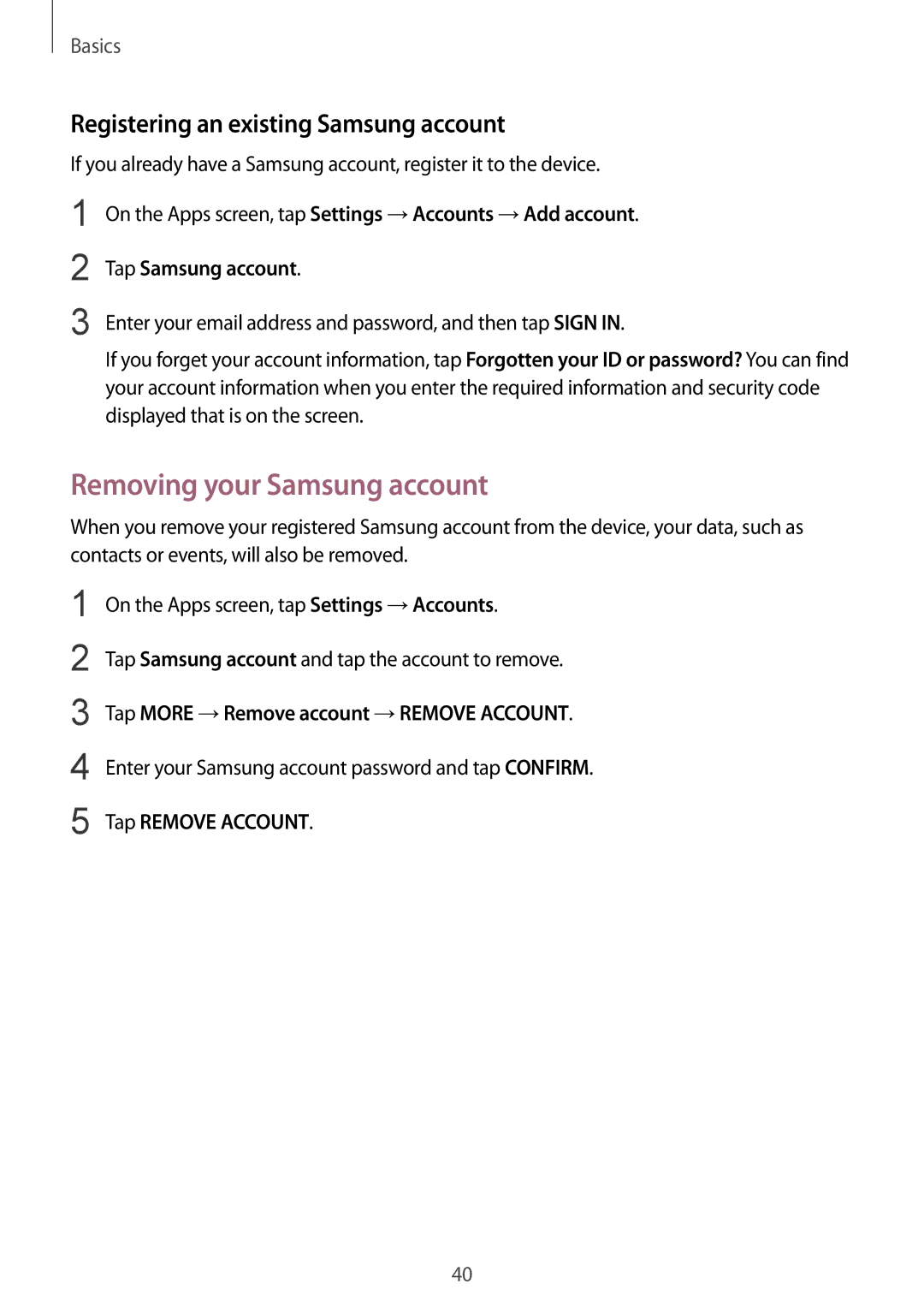 Samsung SM-A910FZDDXXV manual Removing your Samsung account, Registering an existing Samsung account 