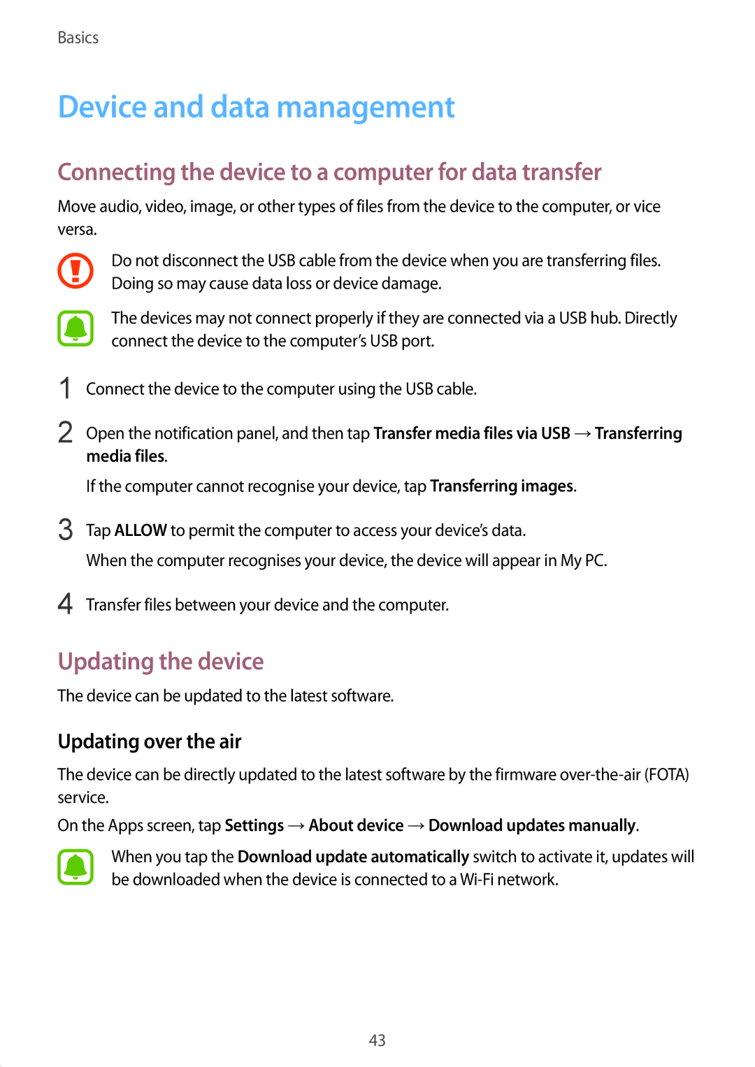 Samsung SM-A910FZDDXXV manual Device and data management, Connecting the device to a computer for data transfer 