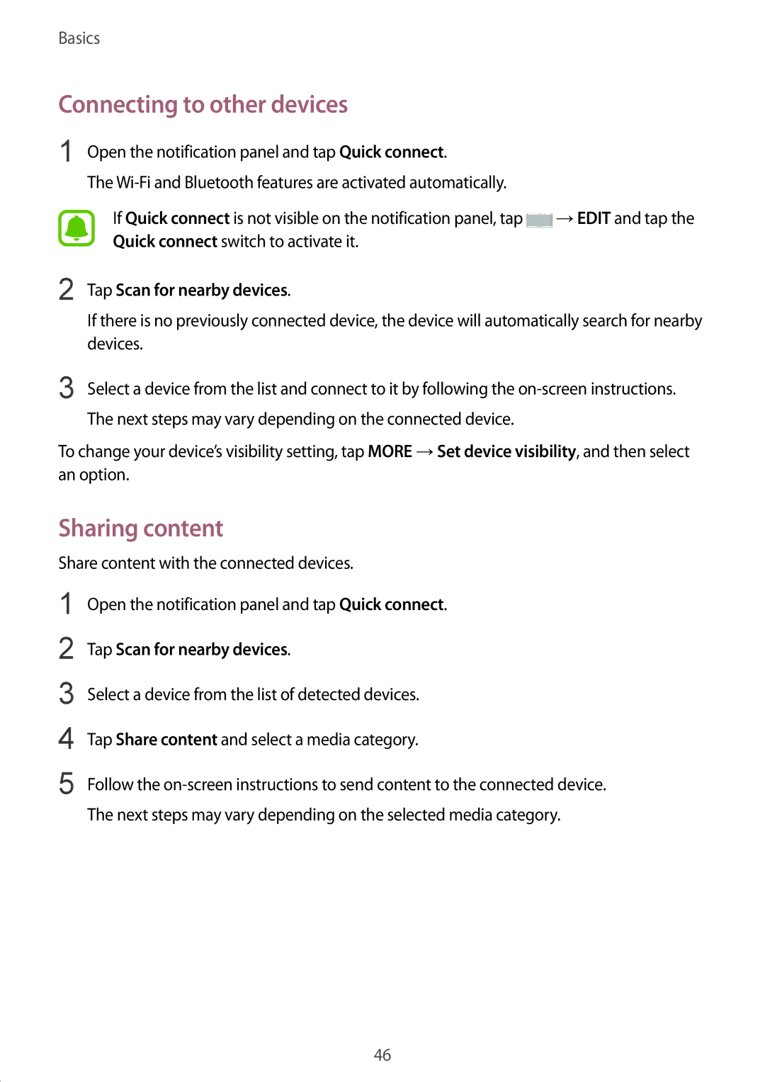 Samsung SM-A910FZDDXXV manual Connecting to other devices, Sharing content 