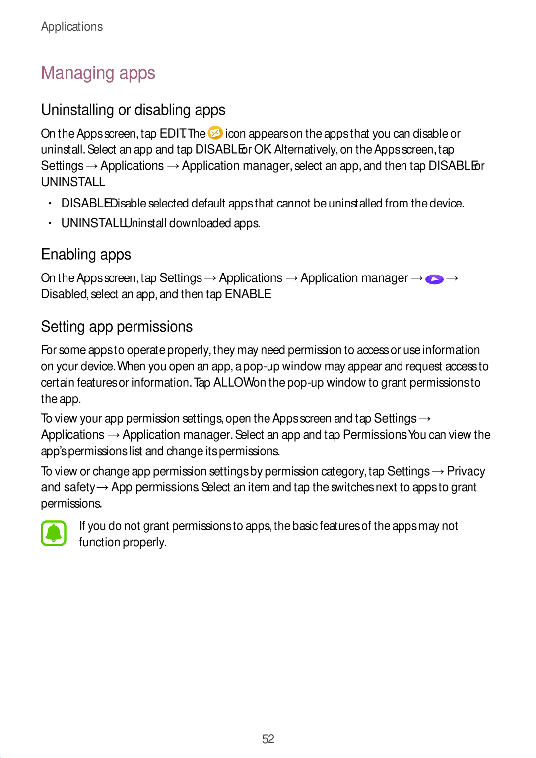 Samsung SM-A910FZDDXXV manual Managing apps, Uninstalling or disabling apps, Enabling apps, Setting app permissions 