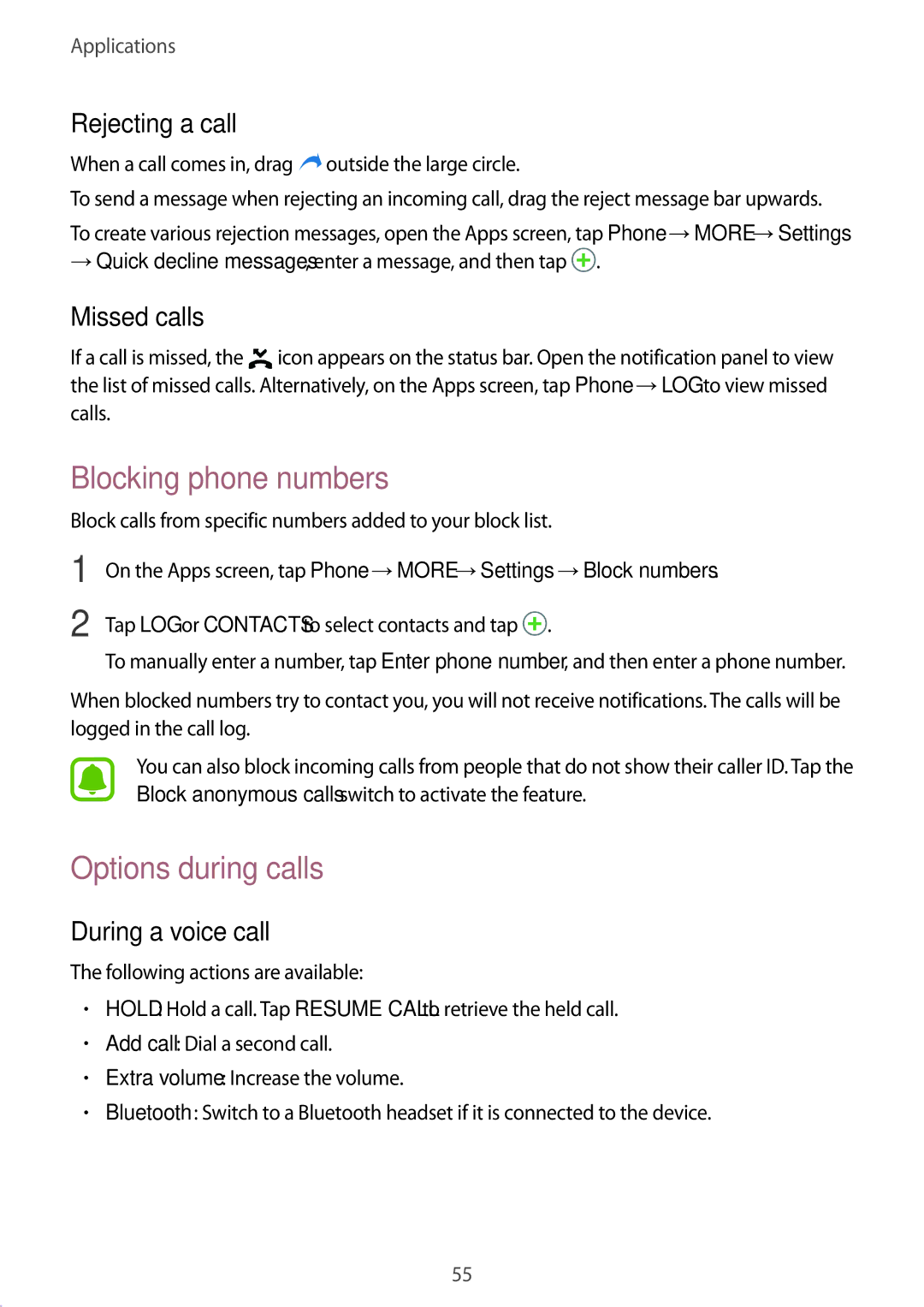 Samsung SM-A910FZDDXXV Blocking phone numbers, Options during calls, Rejecting a call, Missed calls, During a voice call 