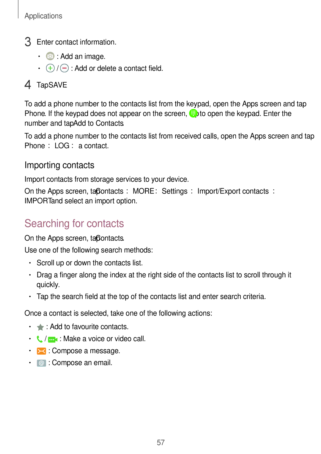 Samsung SM-A910FZDDXXV manual Searching for contacts, Importing contacts 