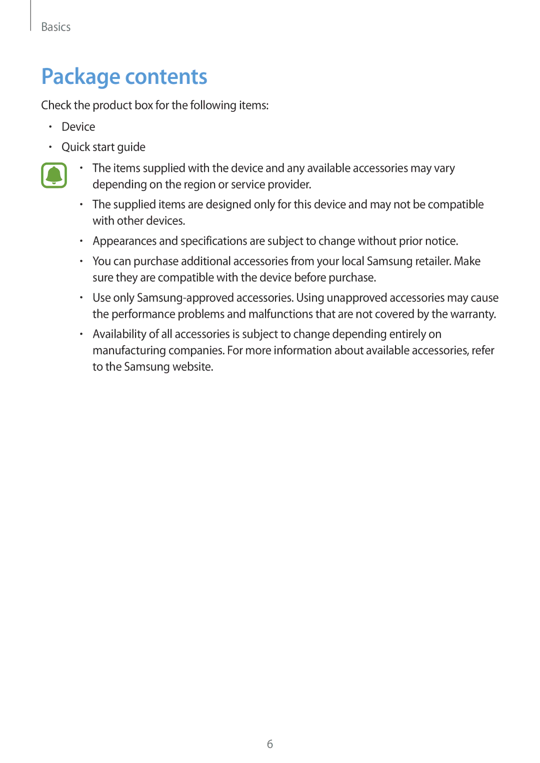 Samsung SM-A910FZDDXXV manual Package contents 