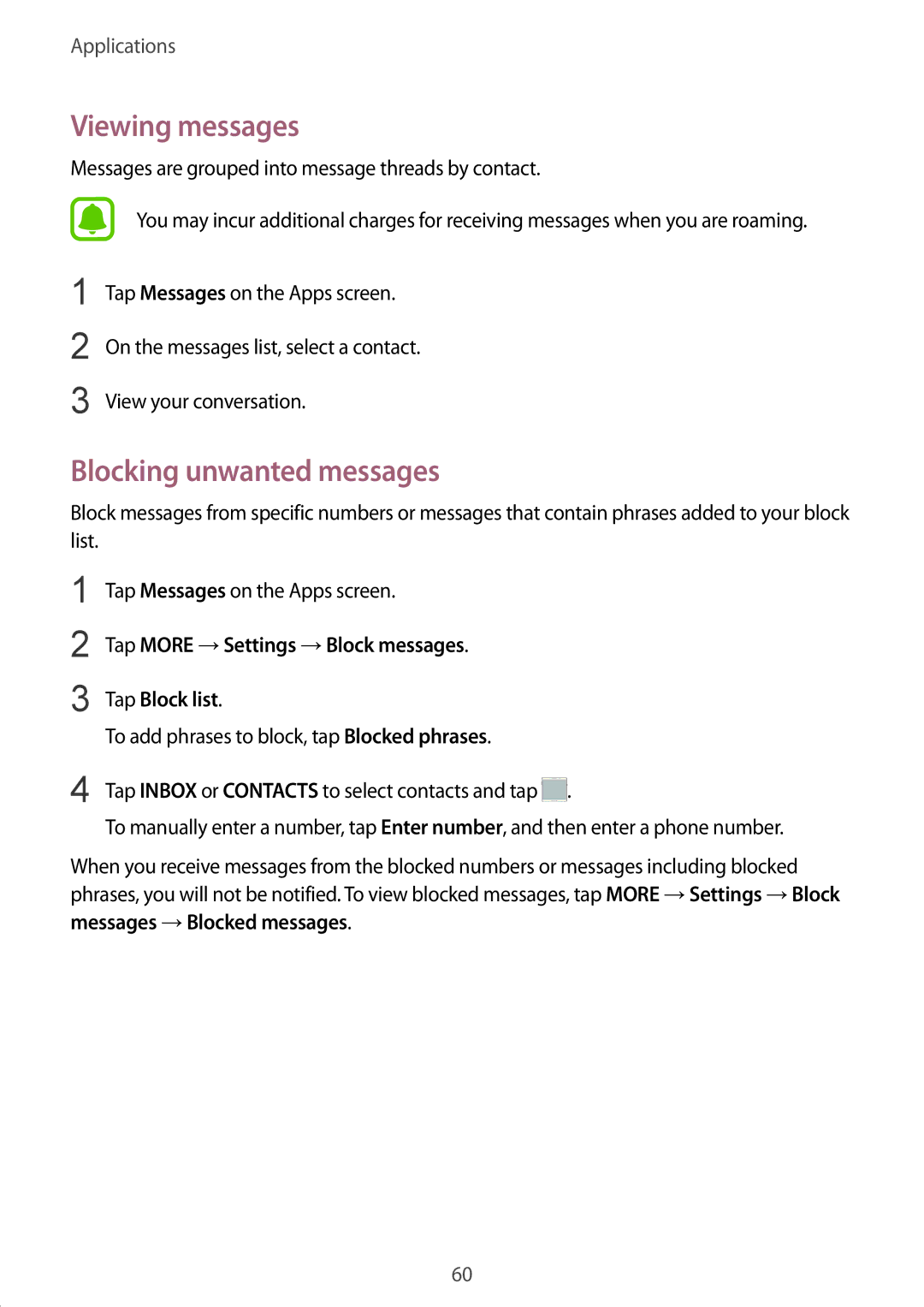 Samsung SM-A910FZDDXXV manual Viewing messages, Blocking unwanted messages 