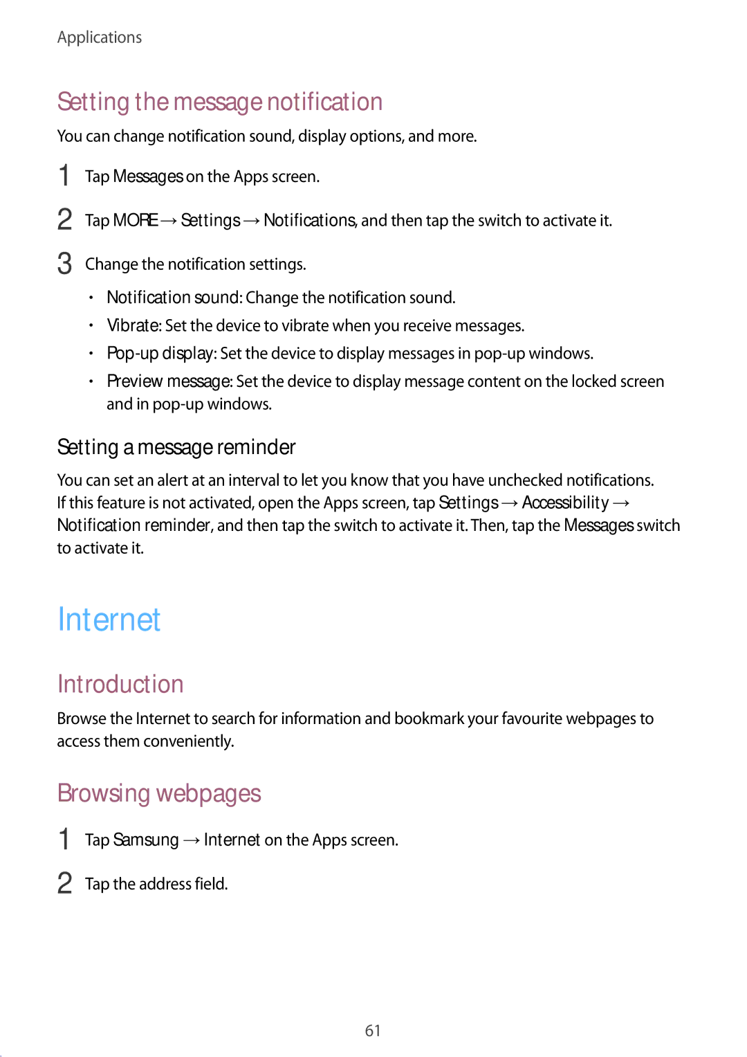 Samsung SM-A910FZDDXXV manual Internet, Setting the message notification, Browsing webpages, Setting a message reminder 