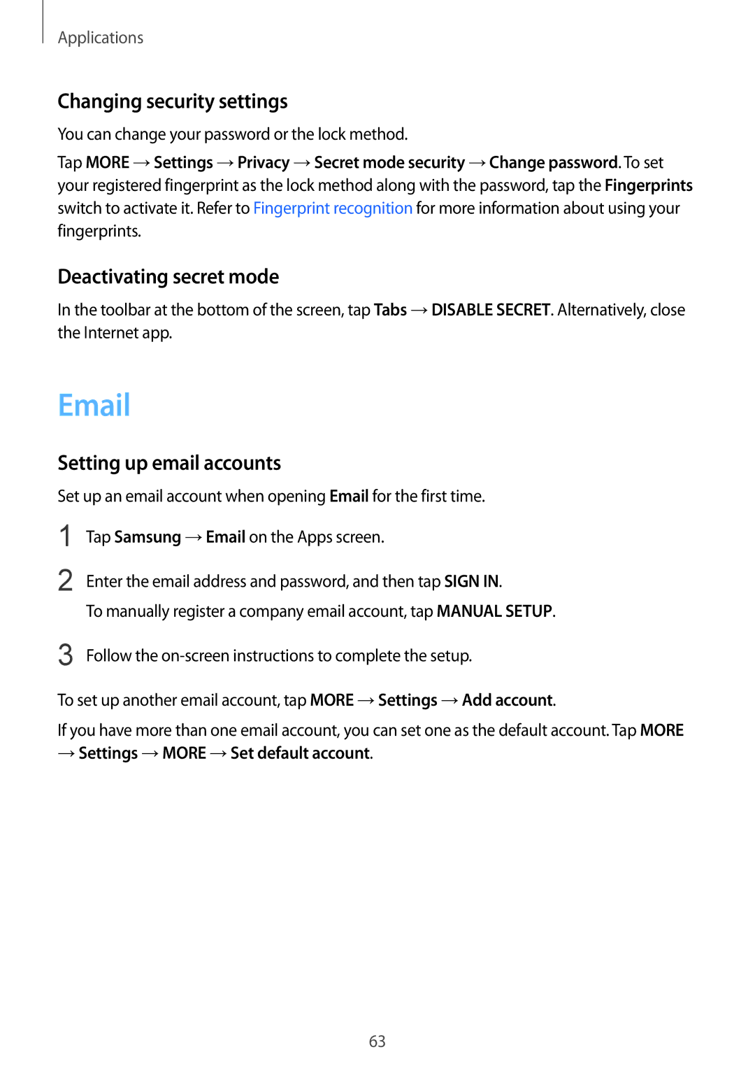 Samsung SM-A910FZDDXXV manual Changing security settings, Deactivating secret mode, Setting up email accounts 