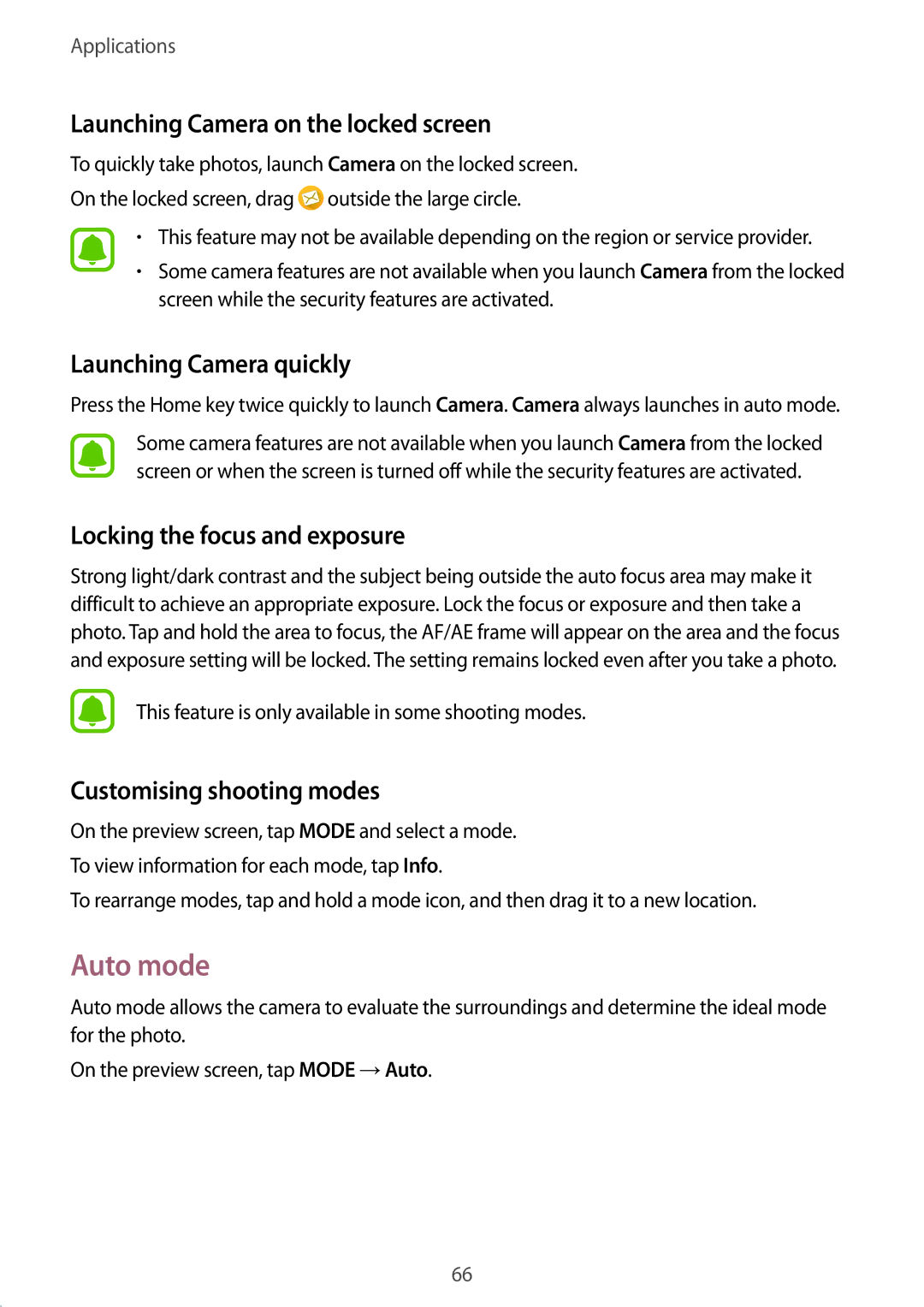 Samsung SM-A910FZDDXXV manual Auto mode, Launching Camera on the locked screen, Launching Camera quickly 