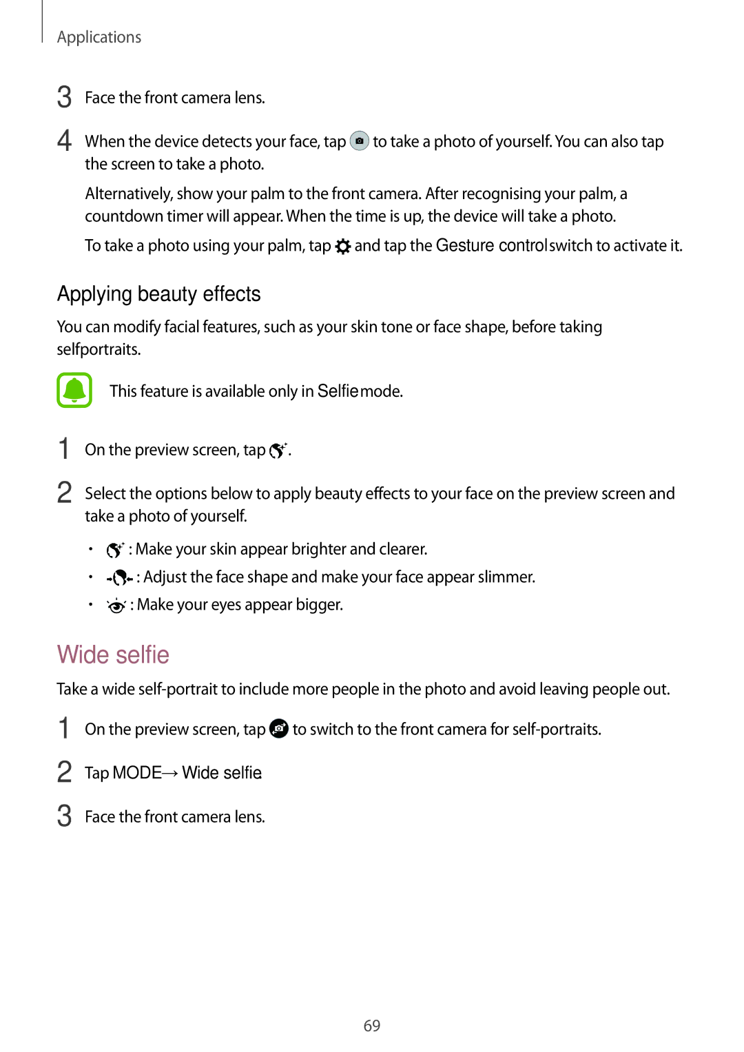 Samsung SM-A910FZDDXXV manual Wide selfie, Applying beauty effects 