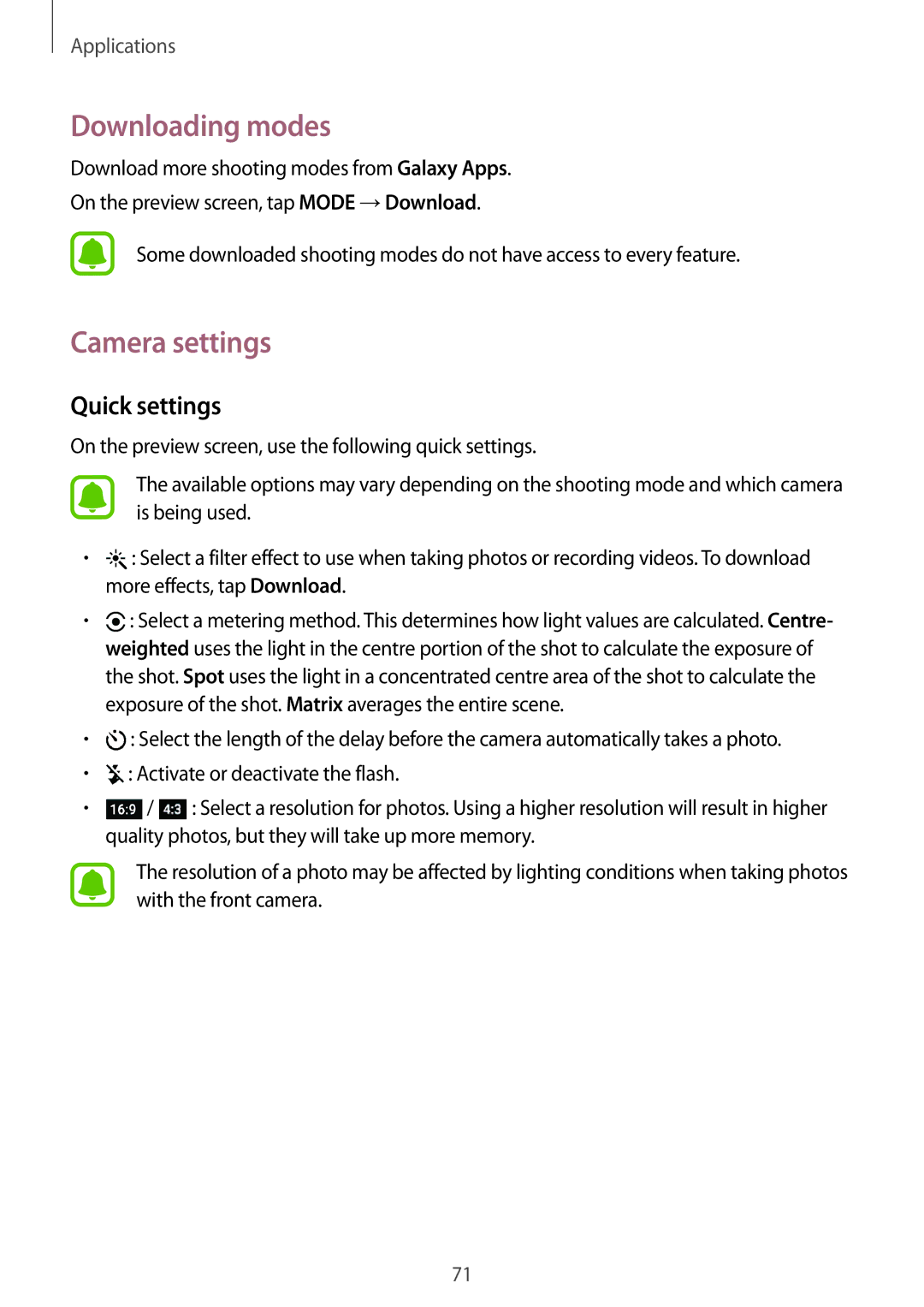 Samsung SM-A910FZDDXXV manual Downloading modes, Camera settings, Quick settings 