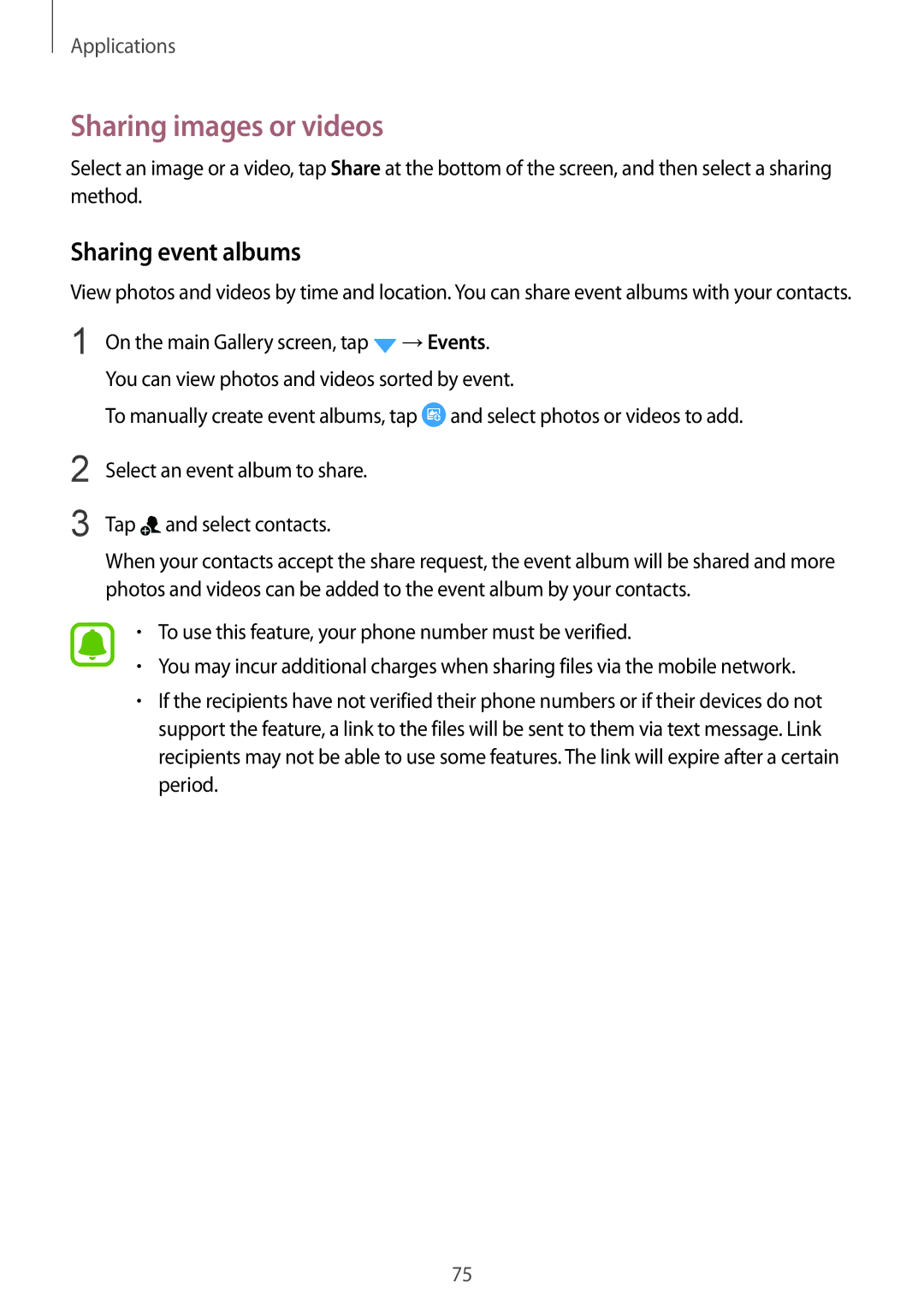 Samsung SM-A910FZDDXXV manual Sharing images or videos, Sharing event albums 