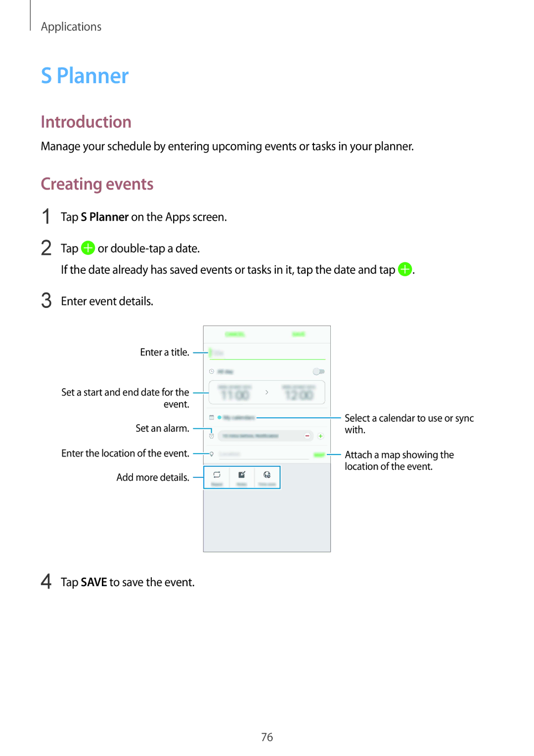 Samsung SM-A910FZDDXXV manual Planner, Creating events 