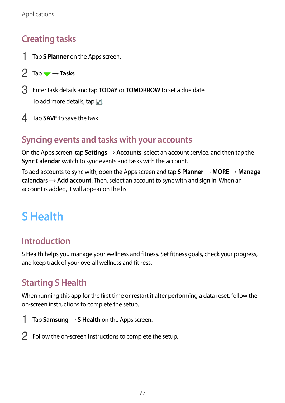 Samsung SM-A910FZDDXXV manual Creating tasks, Syncing events and tasks with your accounts, Starting S Health 