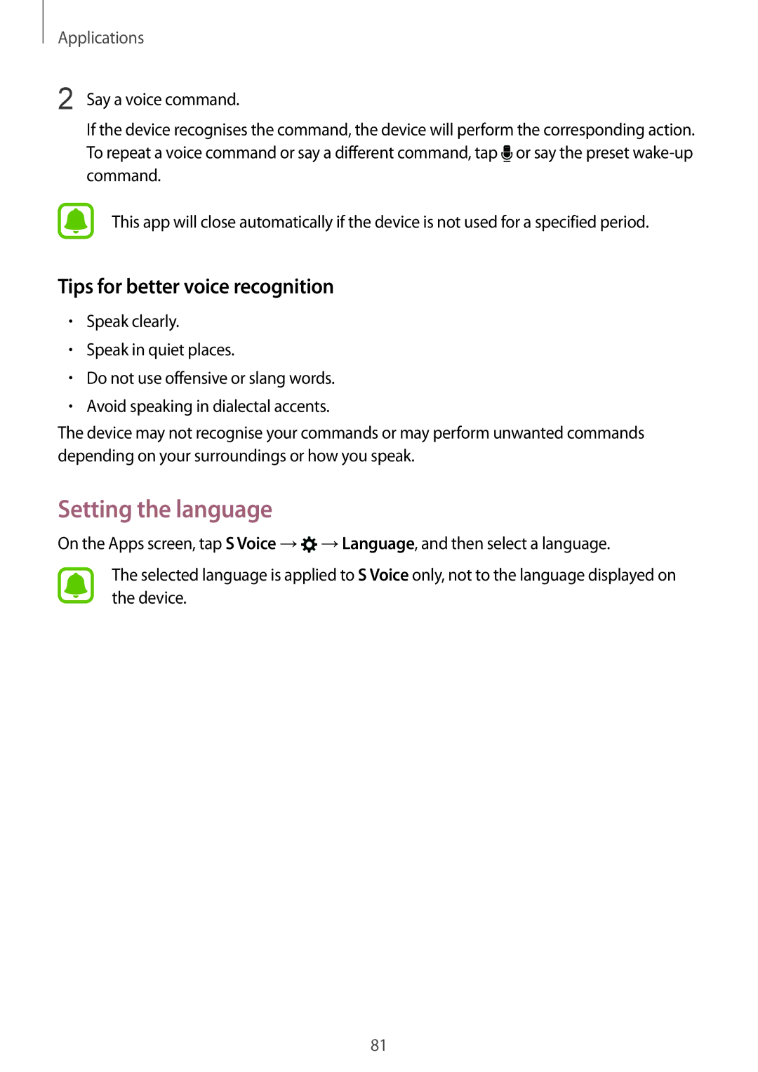 Samsung SM-A910FZDDXXV manual Setting the language, Tips for better voice recognition 