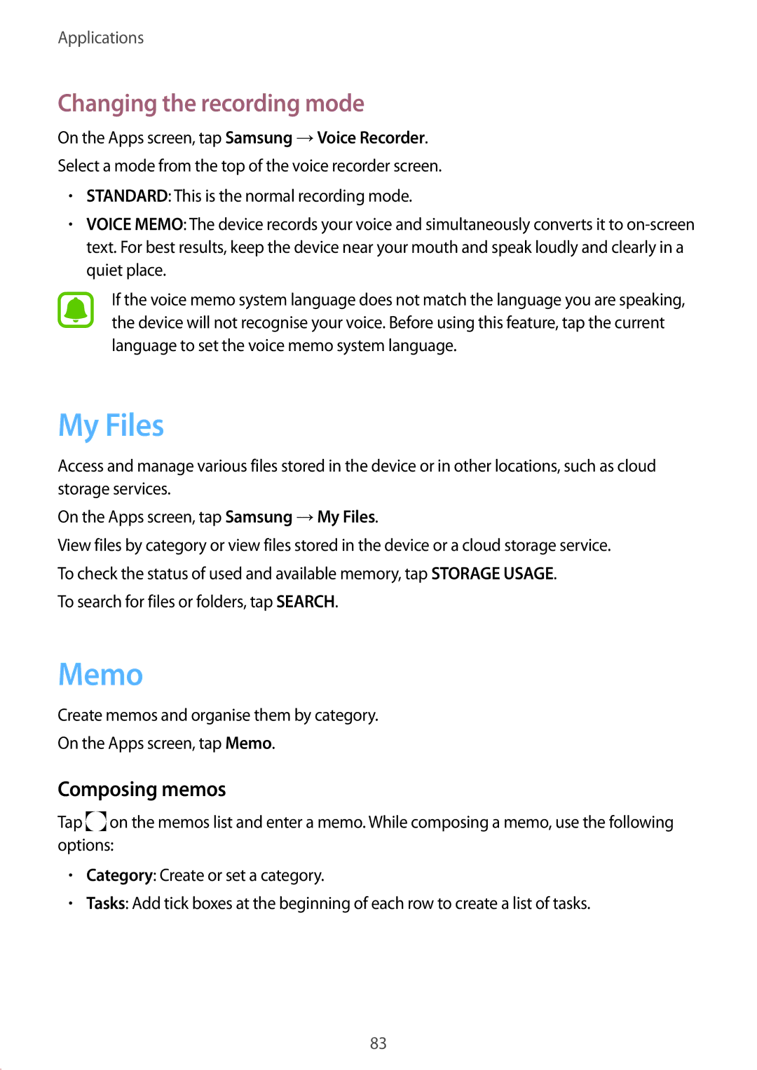 Samsung SM-A910FZDDXXV manual My Files, Memo, Changing the recording mode, Composing memos 