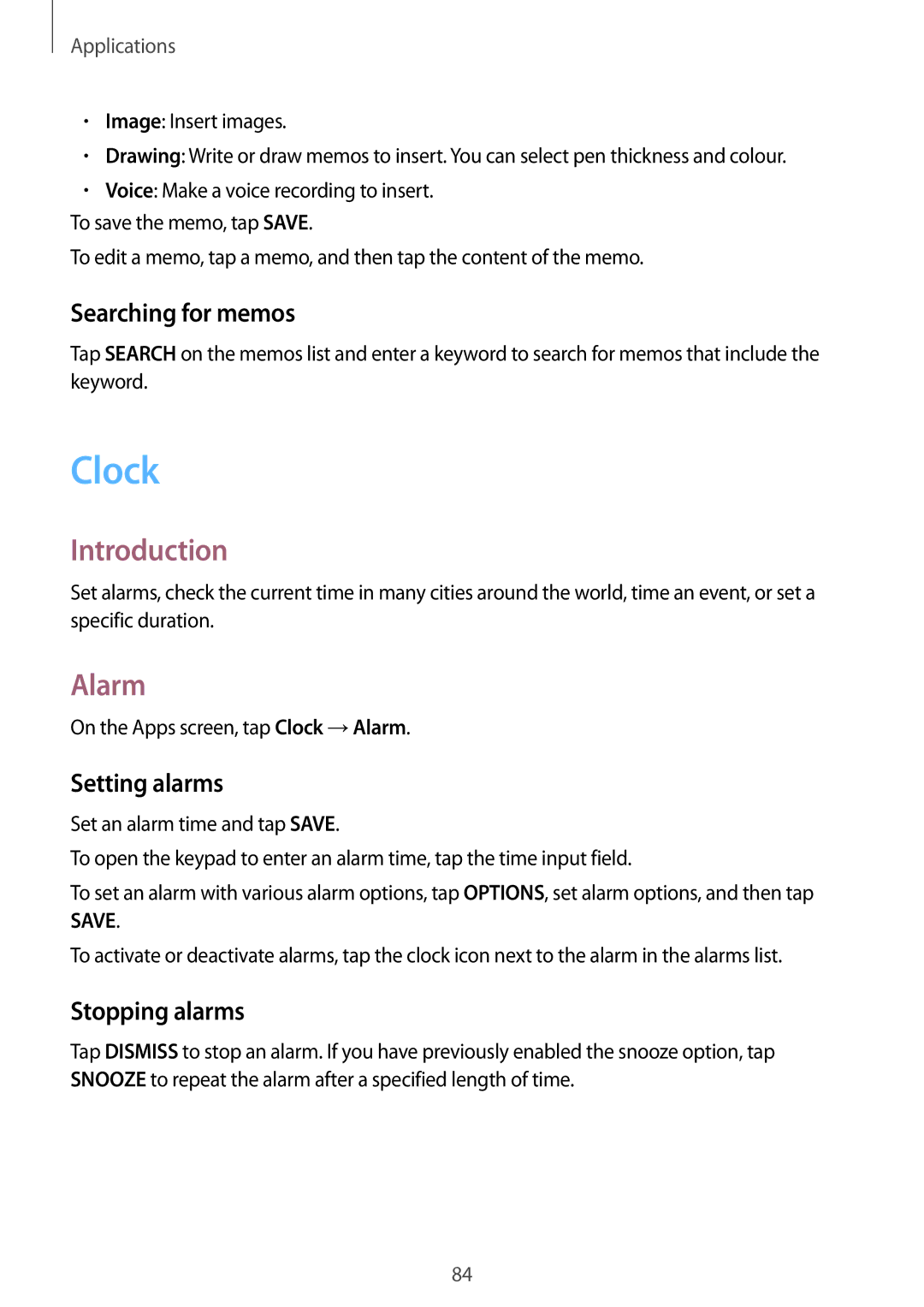 Samsung SM-A910FZDDXXV manual Clock, Alarm, Searching for memos, Setting alarms, Stopping alarms 