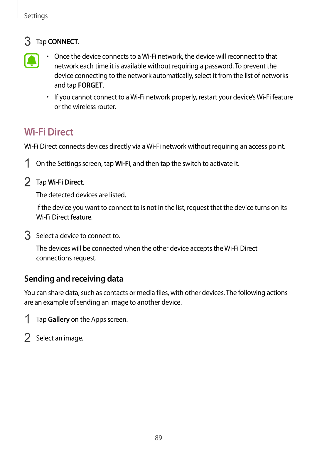 Samsung SM-A910FZDDXXV manual Wi-Fi Direct, Sending and receiving data 