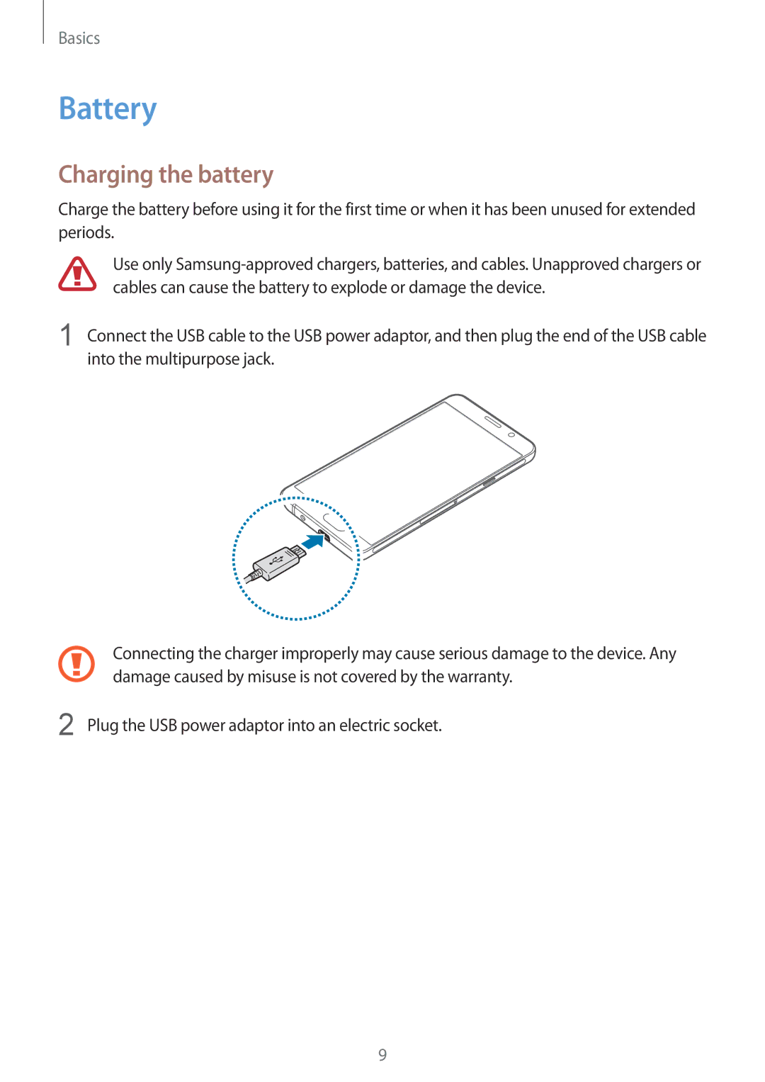 Samsung SM-A910FZDDXXV manual Battery, Charging the battery 