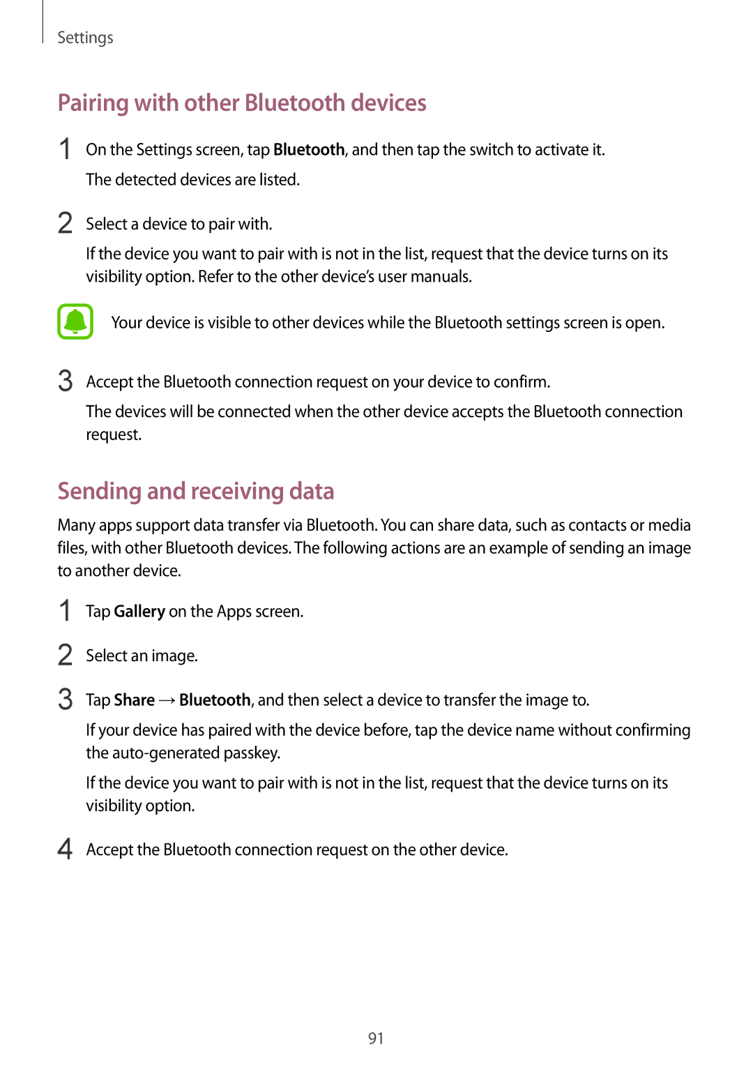 Samsung SM-A910FZDDXXV manual Pairing with other Bluetooth devices, Sending and receiving data 