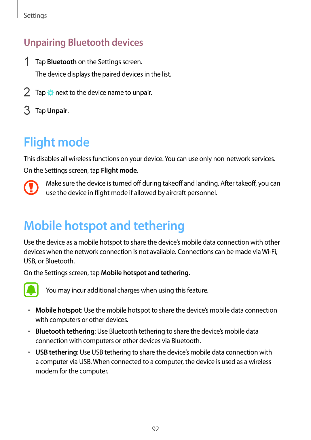 Samsung SM-A910FZDDXXV manual Flight mode, Mobile hotspot and tethering, Unpairing Bluetooth devices 