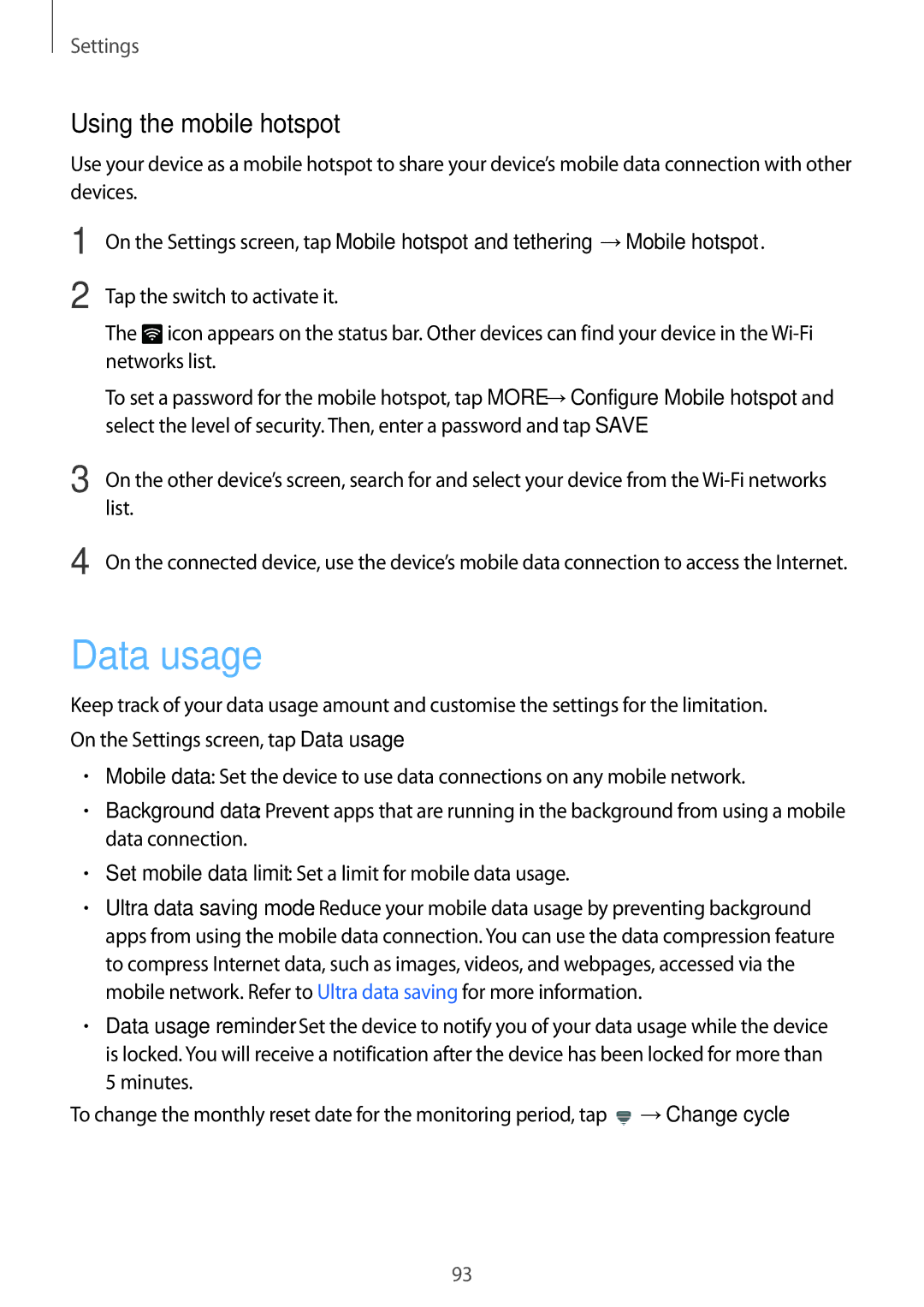 Samsung SM-A910FZDDXXV manual Data usage, Using the mobile hotspot 