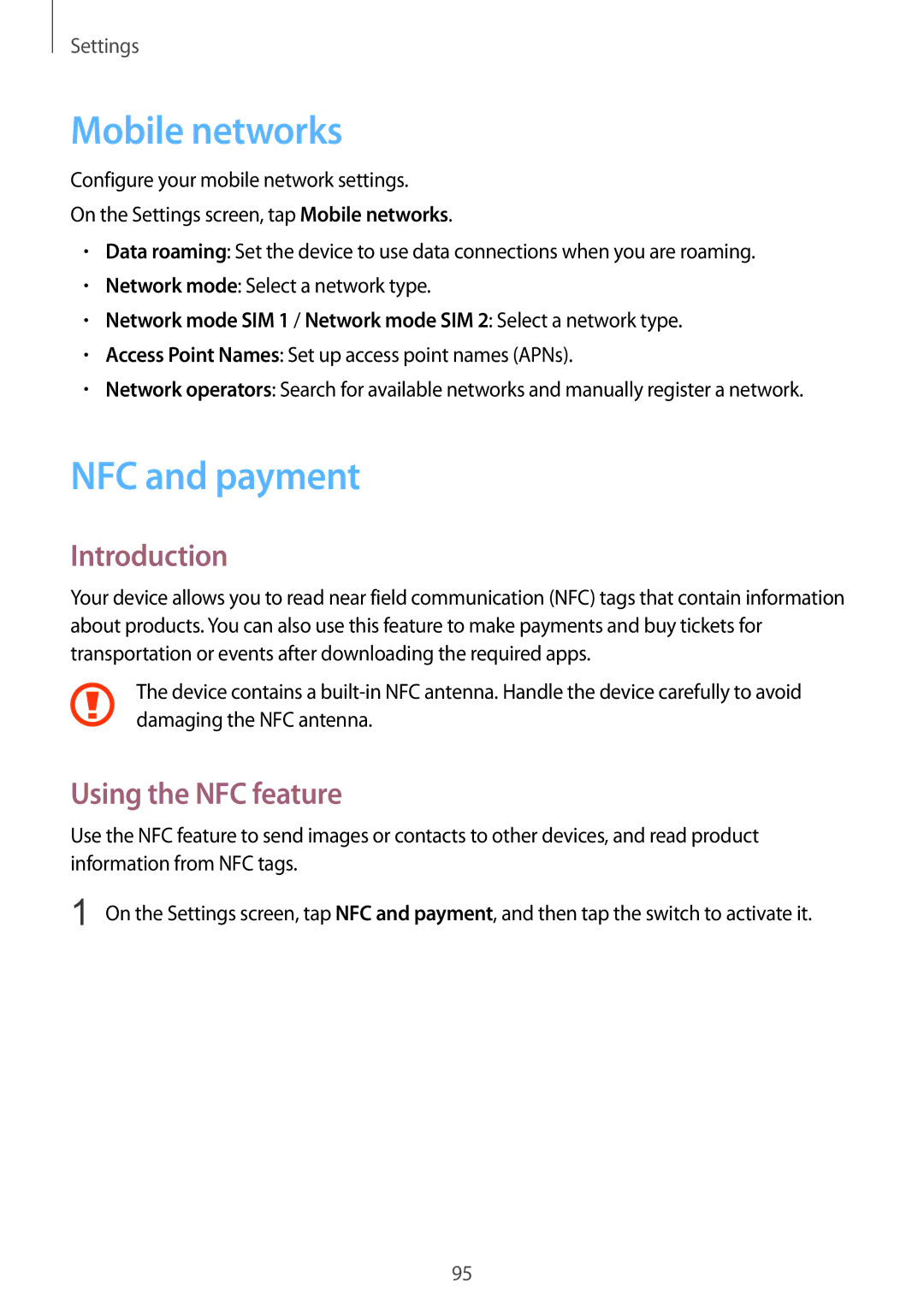 Samsung SM-A910FZDDXXV manual Mobile networks, NFC and payment, Using the NFC feature 