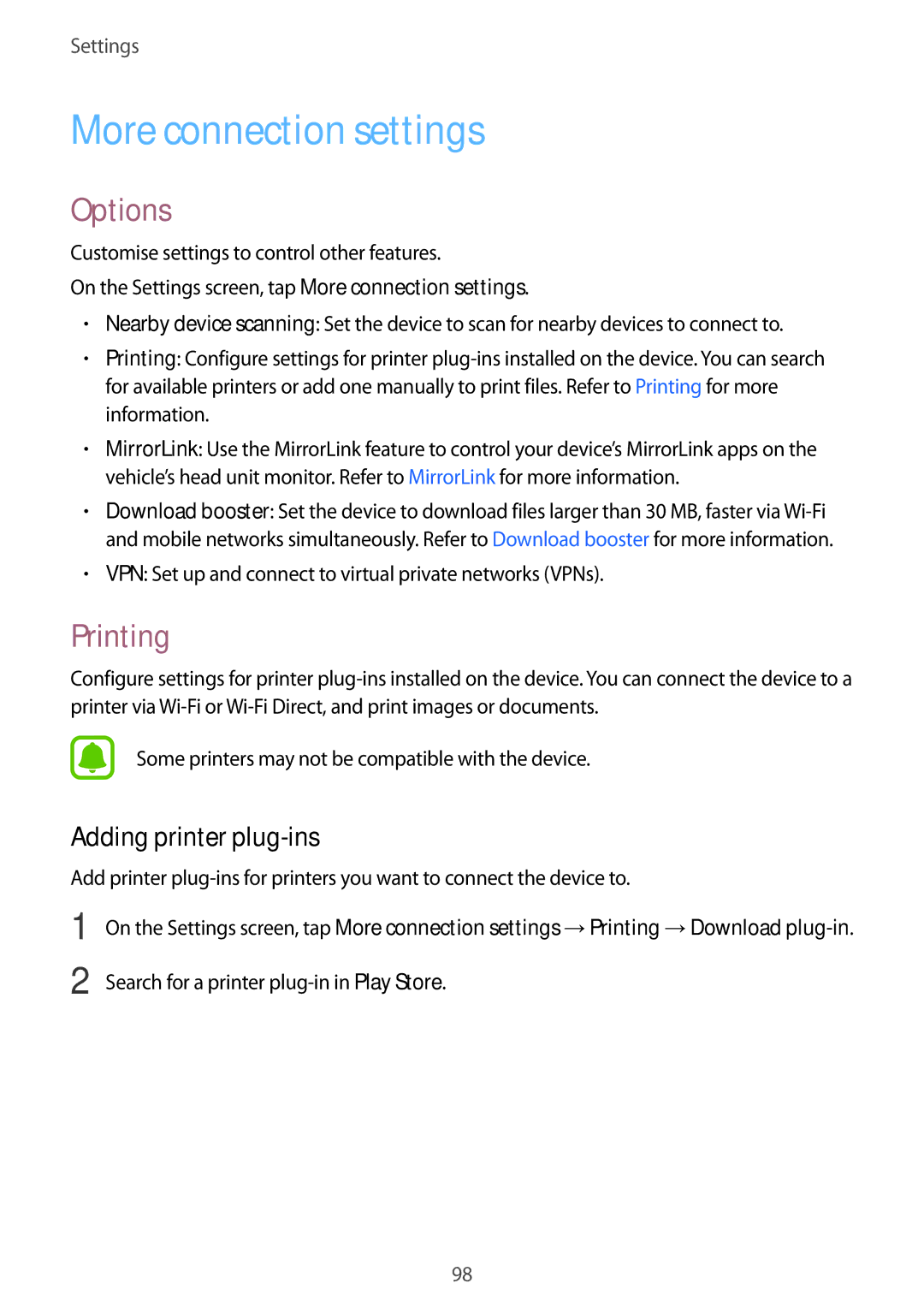 Samsung SM-A910FZDDXXV manual More connection settings, Options, Printing, Adding printer plug-ins 