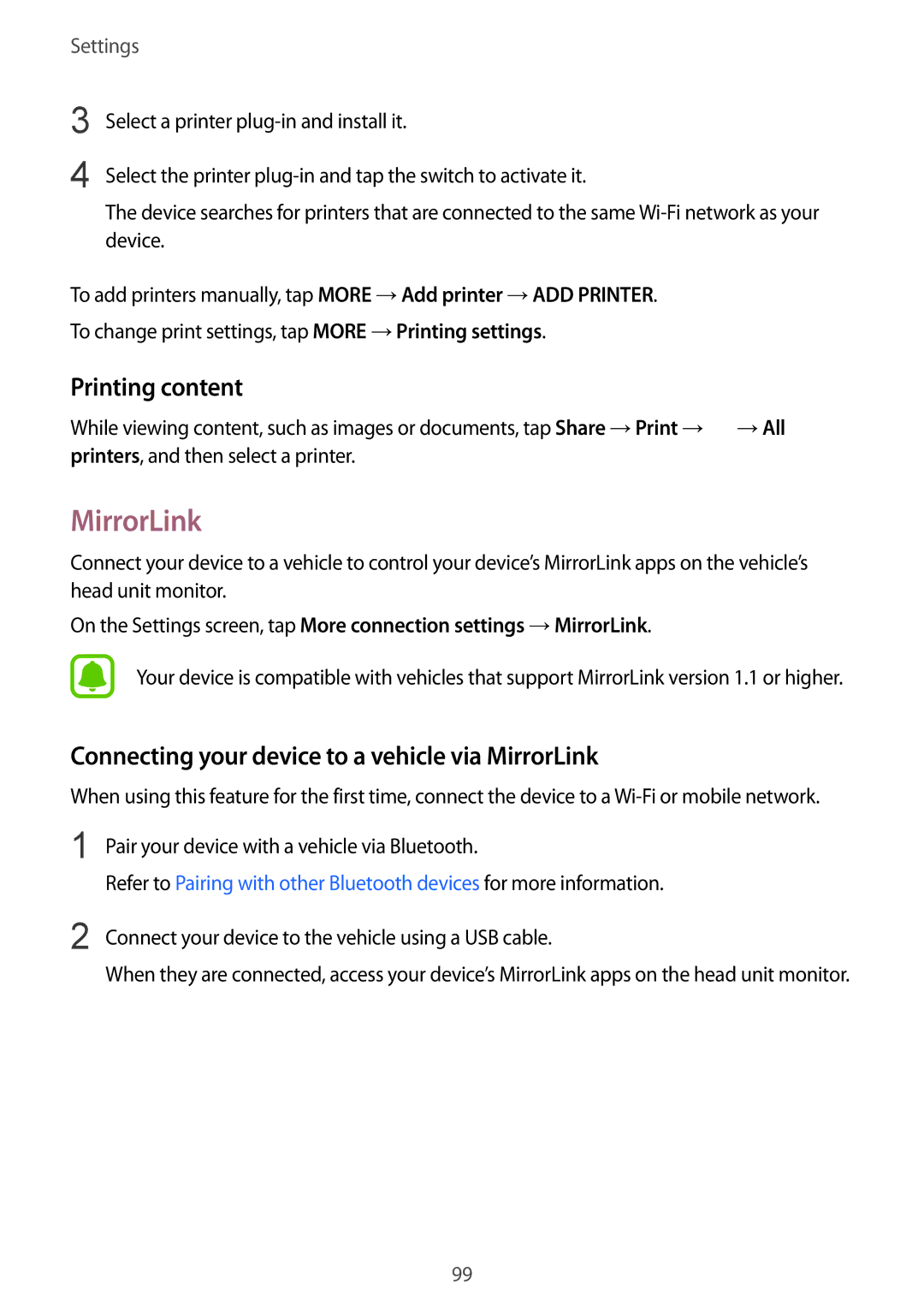 Samsung SM-A910FZDDXXV manual Printing content, Connecting your device to a vehicle via MirrorLink 