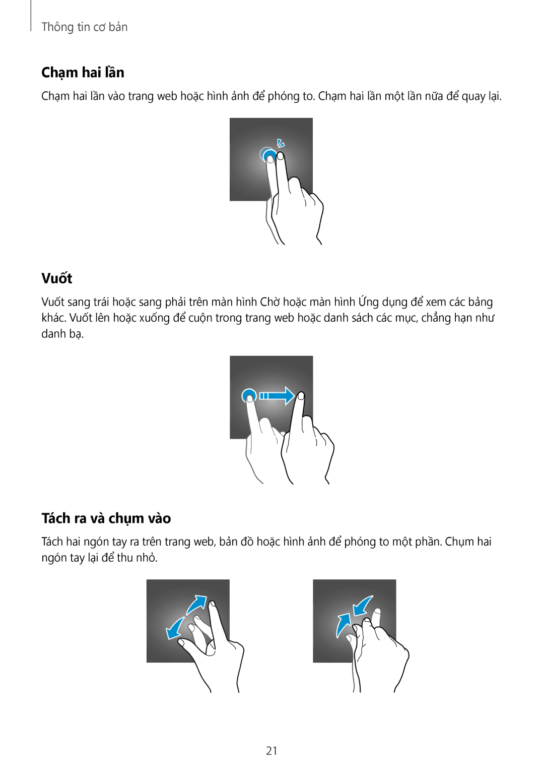 Samsung SM-A910FZDDXXV manual Chạm hai lần, Vuốt, Tách ra và chụm vào 