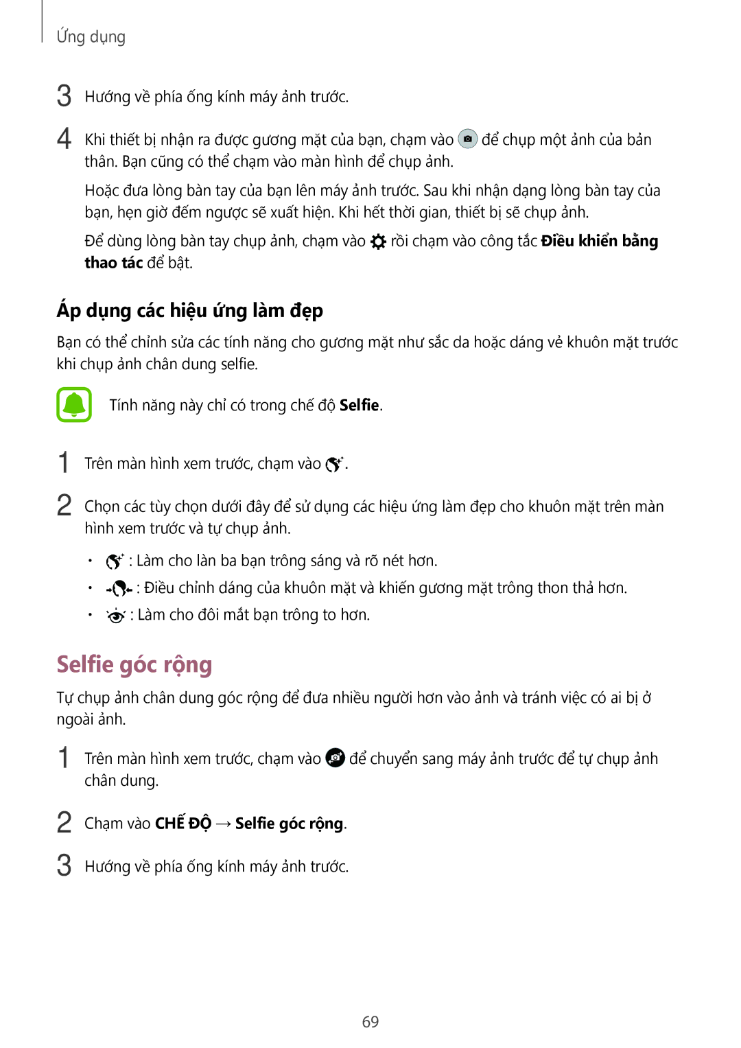 Samsung SM-A910FZDDXXV manual Selfie góc rộng, Áp dụng các hiệu ứng làm đẹp 