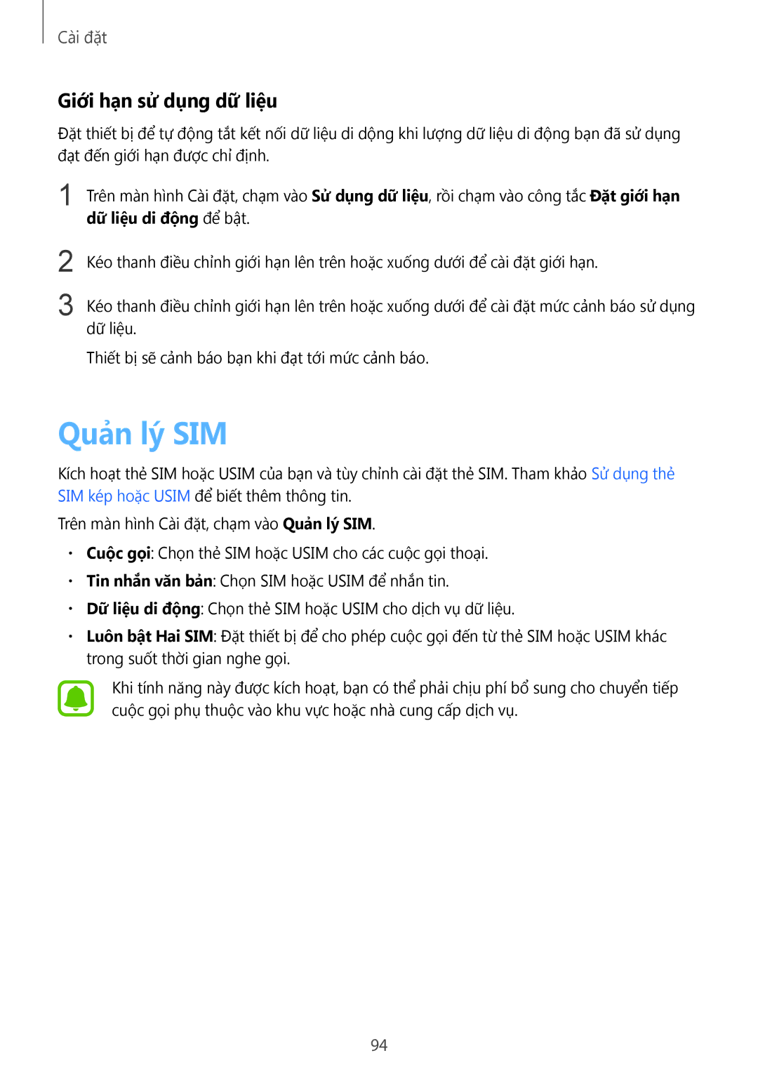 Samsung SM-A910FZDDXXV manual Quản lý SIM, Giới hạn sử dụng dữ liệu 
