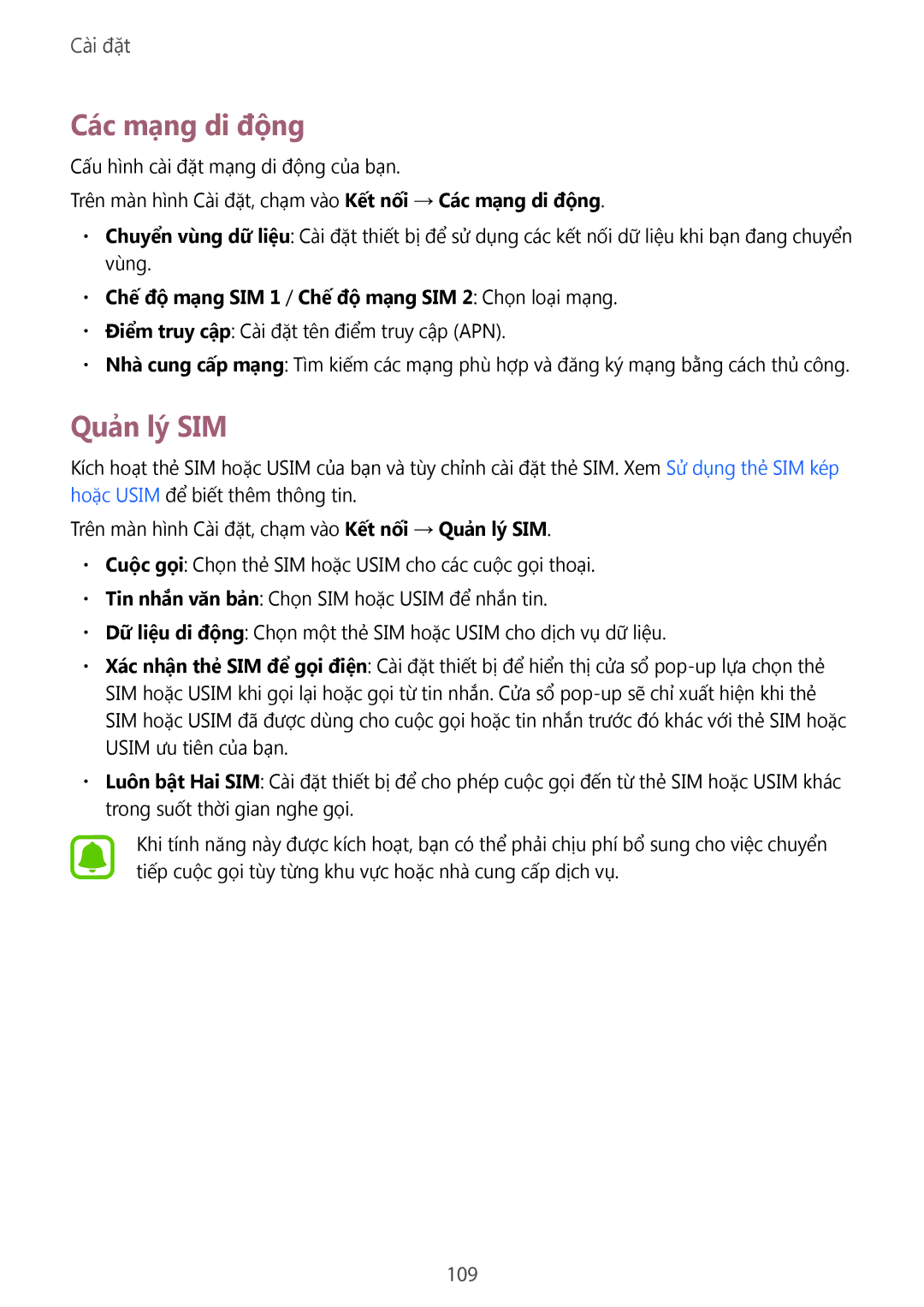 Samsung SM-A910FZDDXXV manual Các mạng di động, Quản lý SIM 