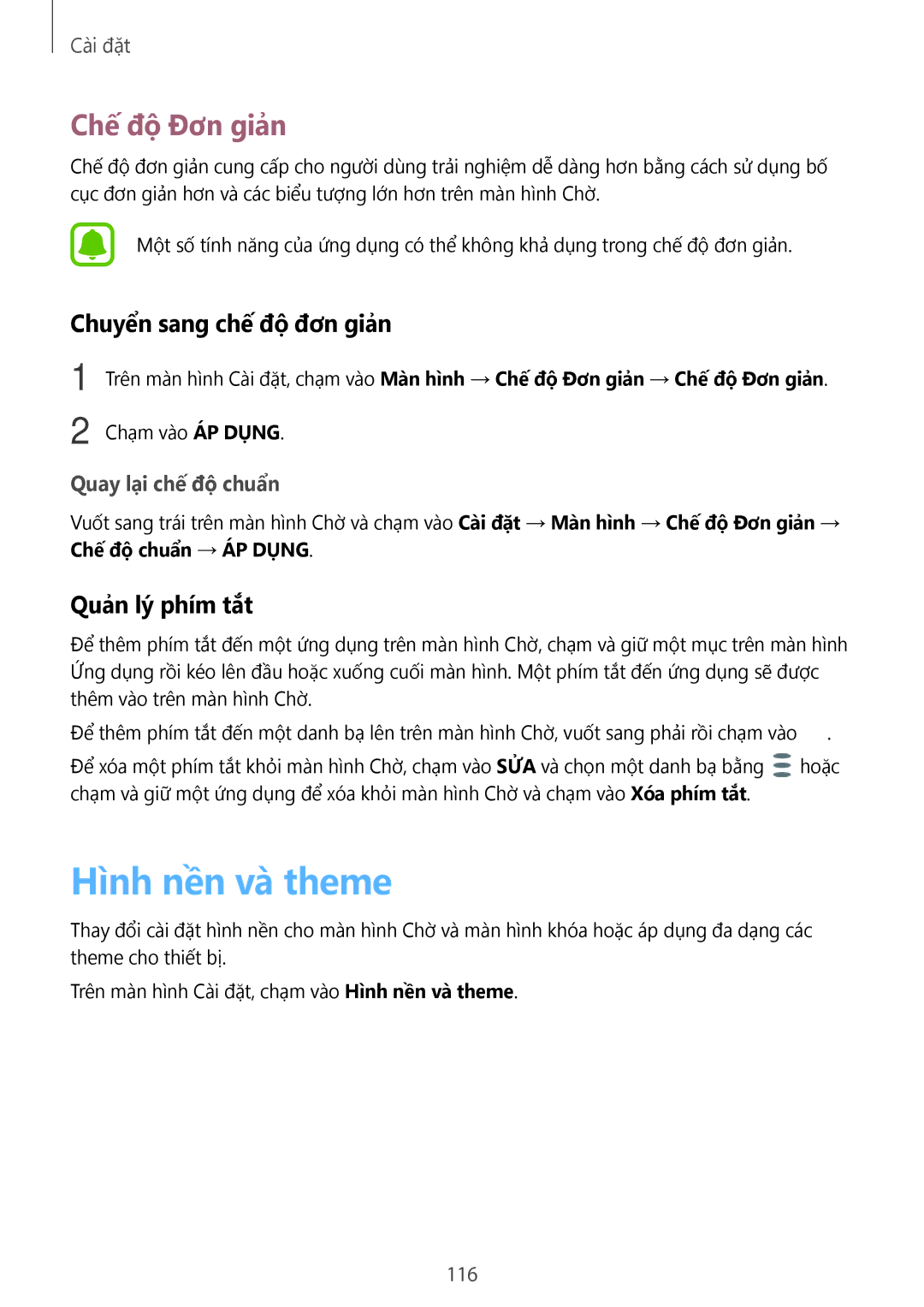 Samsung SM-A910FZDDXXV manual Hình nền và theme, Chế độ Đơn giản, Chuyển sang chế độ đơn giản, Quản lý phím tắt 