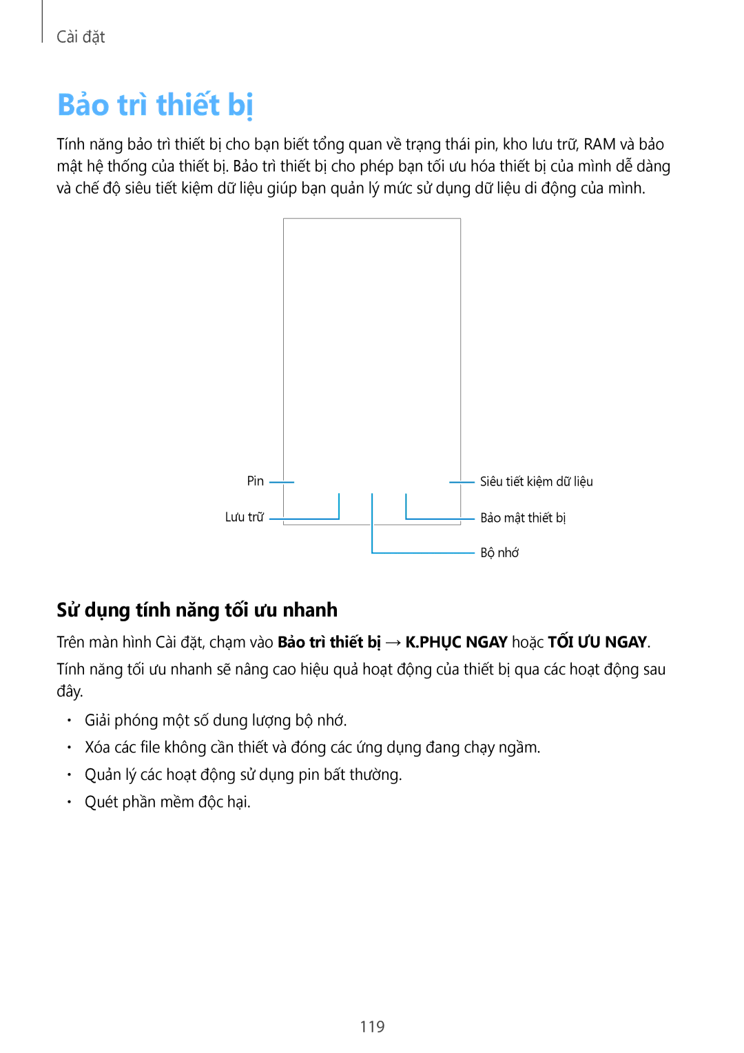 Samsung SM-A910FZDDXXV manual Bảo trì thiết bị, Sử dụng tính năng tối ưu nhanh 