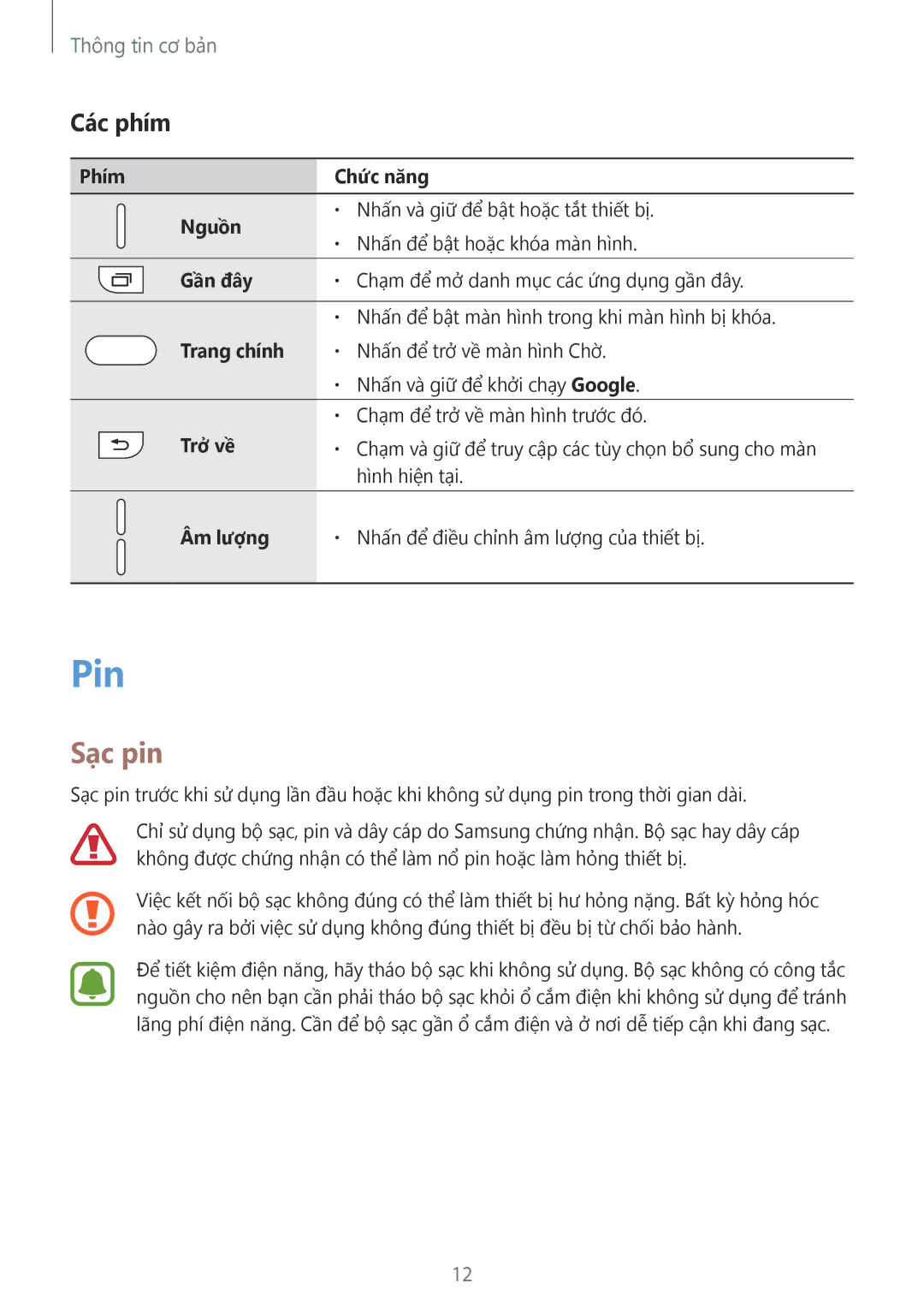 Samsung SM-A910FZDDXXV manual Pin, Sạc pin, Các phím 