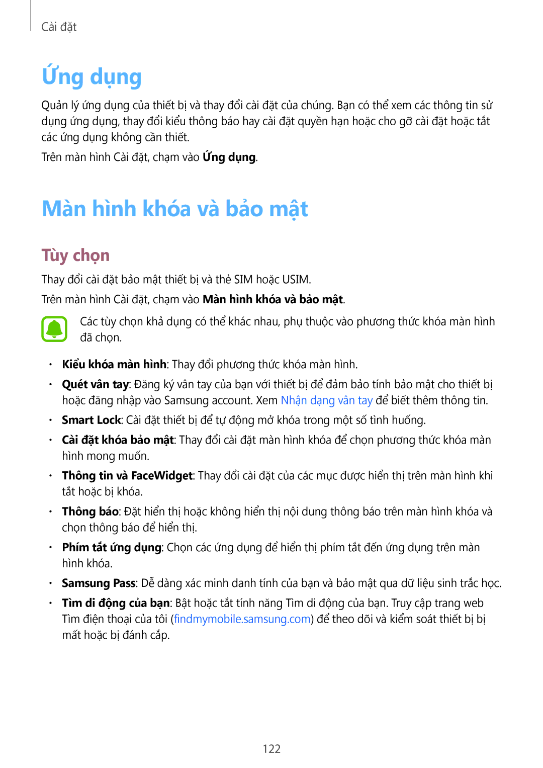 Samsung SM-A910FZDDXXV manual Ứng dụng, Màn hình khóa và bảo mật 