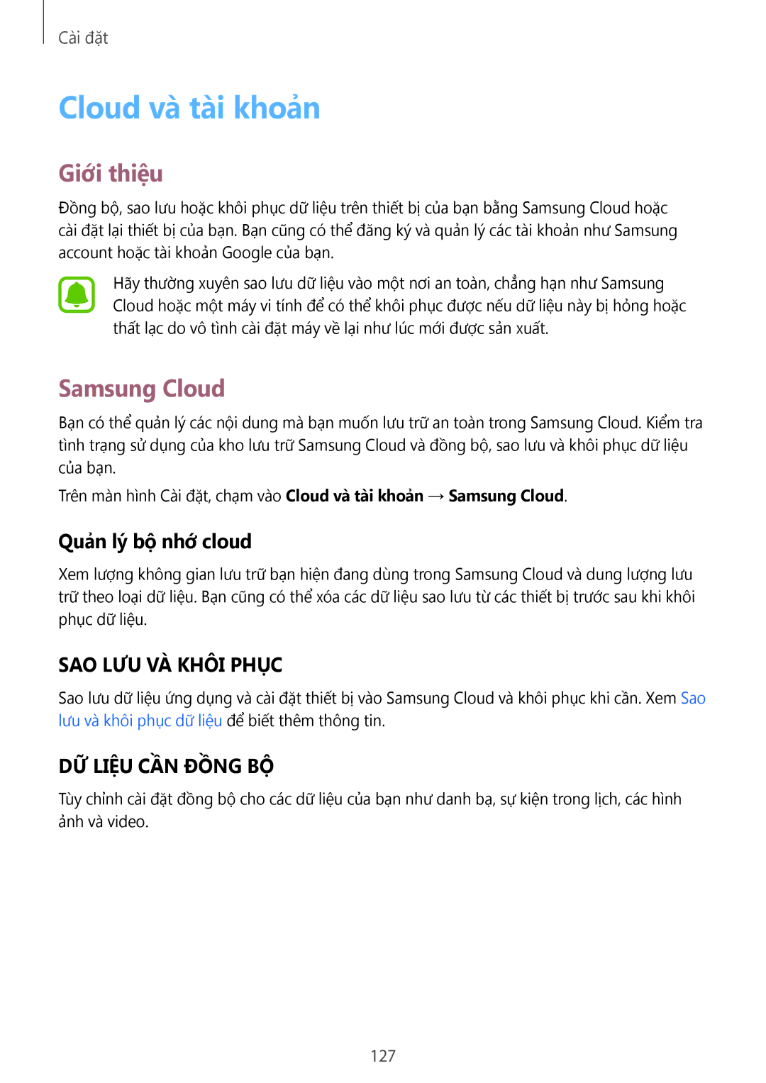 Samsung SM-A910FZDDXXV manual Cloud và tài khoản, Samsung Cloud, Quản lý bộ nhớ cloud 