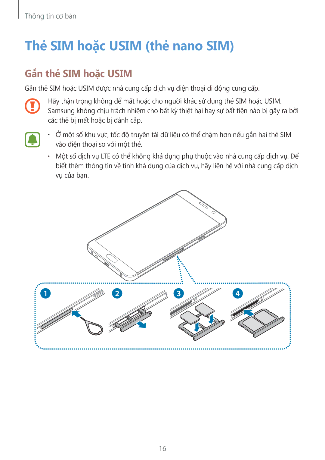 Samsung SM-A910FZDDXXV manual Thẻ SIM hoặc Usim thẻ nano SIM, Gắn thẻ SIM hoặc Usim 