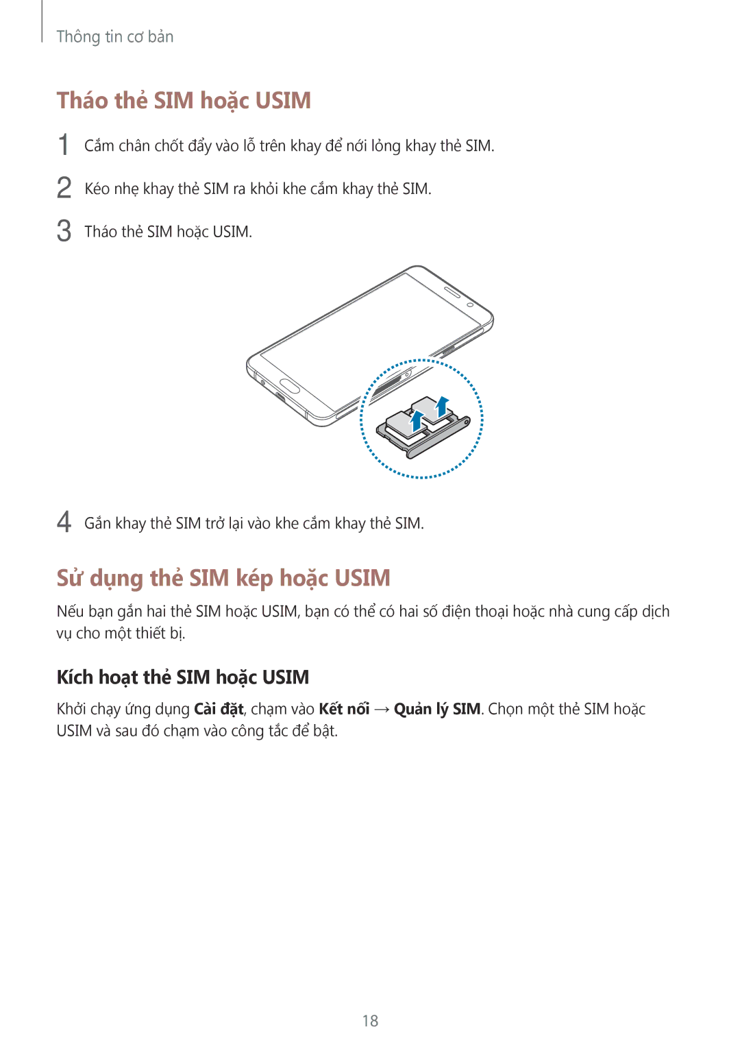 Samsung SM-A910FZDDXXV manual Tháo thẻ SIM hoặc Usim, Sử dụng thẻ SIM kép hoặc Usim, Kích hoạt thẻ SIM hoặc Usim 