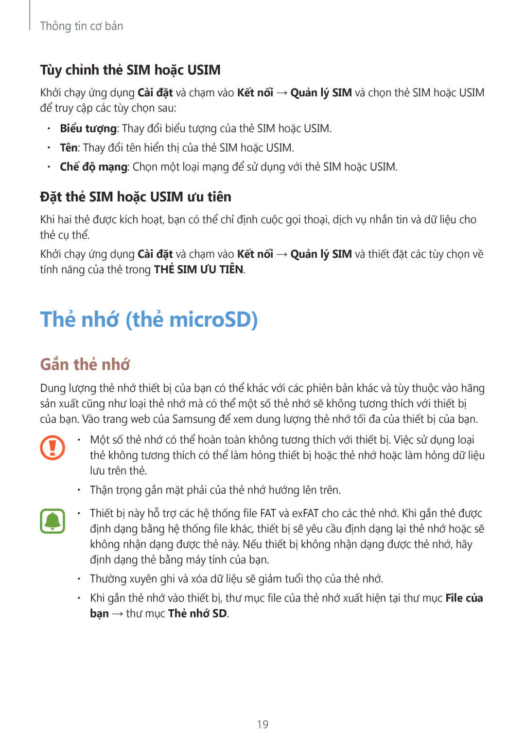 Samsung SM-A910FZDDXXV manual Thẻ nhớ thẻ microSD, Gắn thẻ nhớ, Tùy chỉnh thẻ SIM hoặc Usim, Đặt thẻ SIM hoặc Usim ưu tiên 