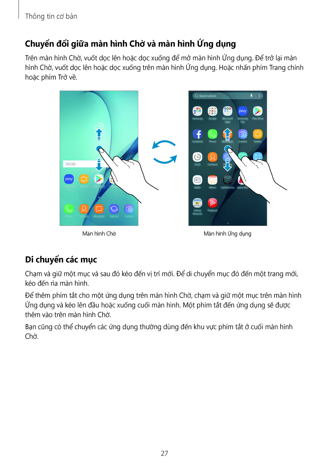Samsung SM-A910FZDDXXV manual Chuyển đổi giữa màn hình Chờ và màn hình Ứng dụng, Di chuyển các mục 