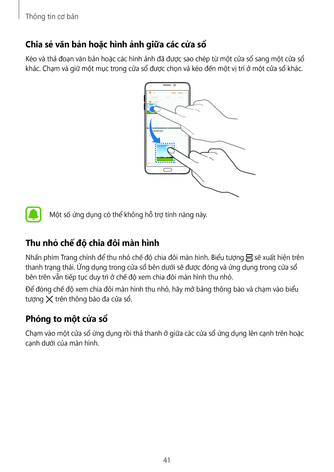 Samsung SM-A910FZDDXXV manual Chia sẻ văn bản hoặc hình ảnh giữa các cửa sổ, Thu nhỏ chế độ chia đôi màn hình 