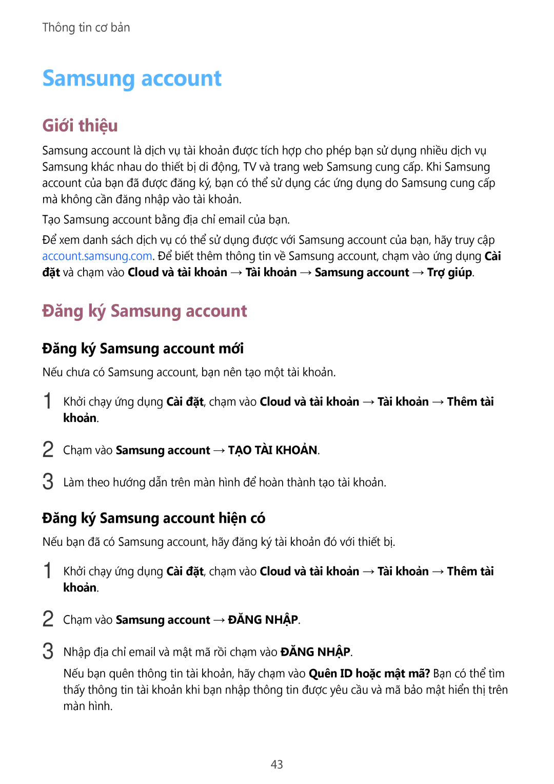 Samsung SM-A910FZDDXXV manual Đăng ký Samsung account mới, Đăng ký Samsung account hiện có 