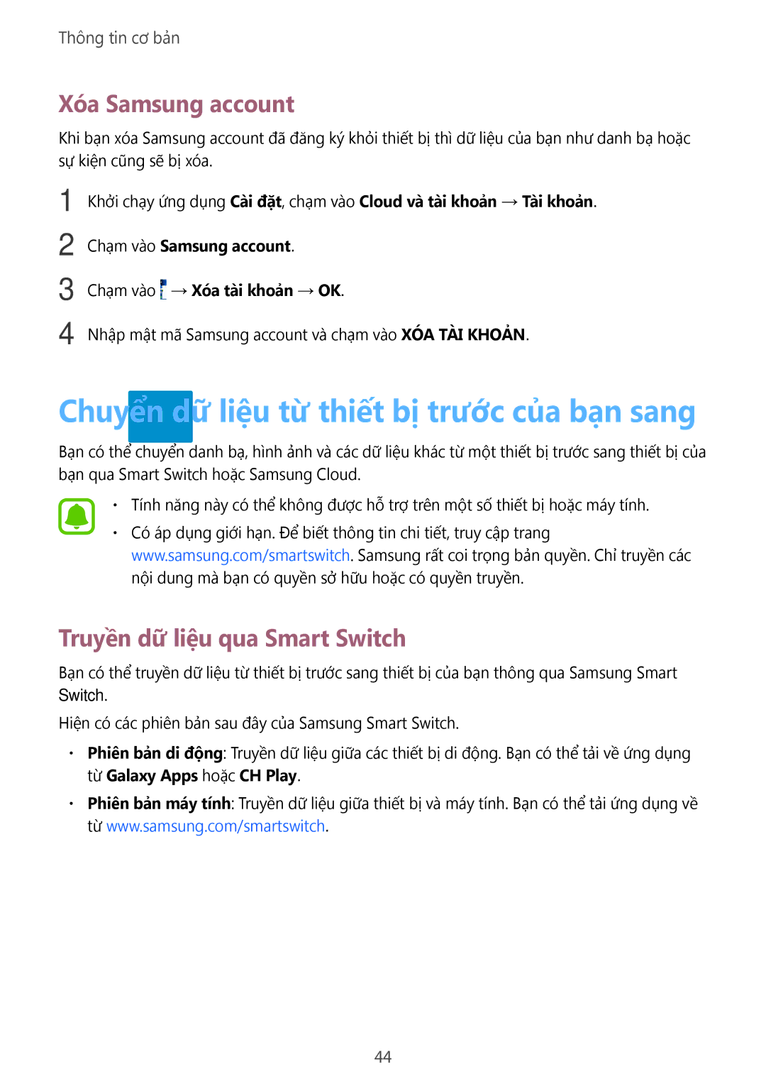 Samsung SM-A910FZDDXXV Chuyển dữ liệu từ thiết bị trước của bạn sang, Xóa Samsung account, Truyền dữ liệu qua Smart Switch 