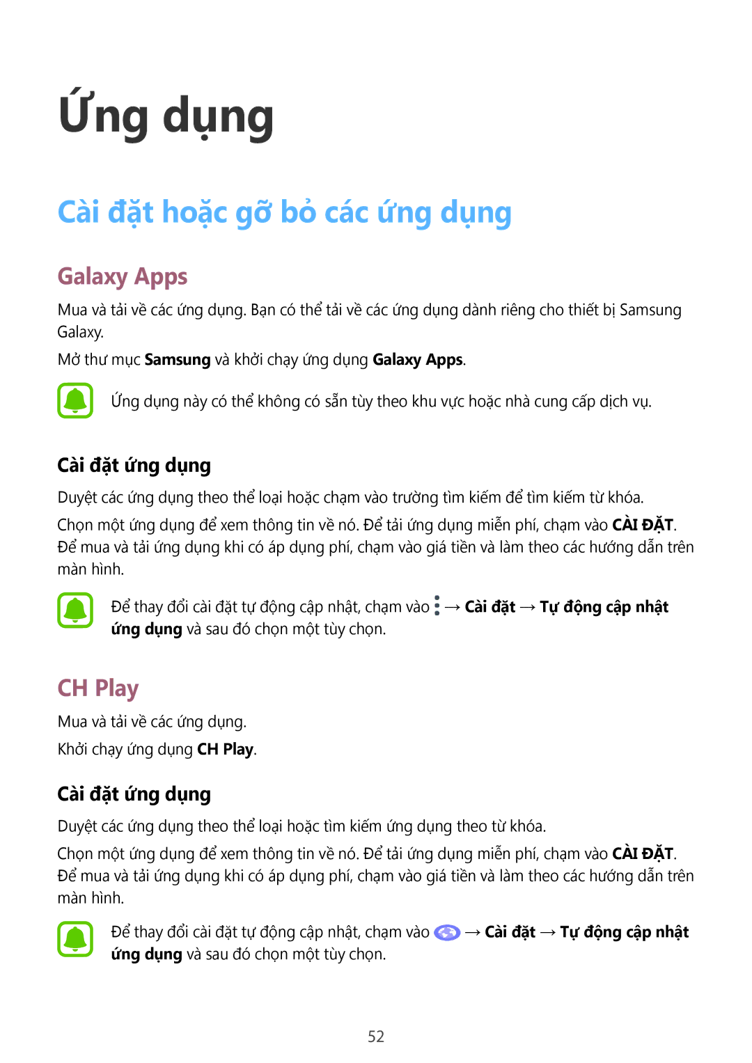 Samsung SM-A910FZDDXXV manual Cài đặt hoặc gỡ bỏ các ứng dụng, Galaxy Apps, CH Play, Cài đặt ứng dụng 