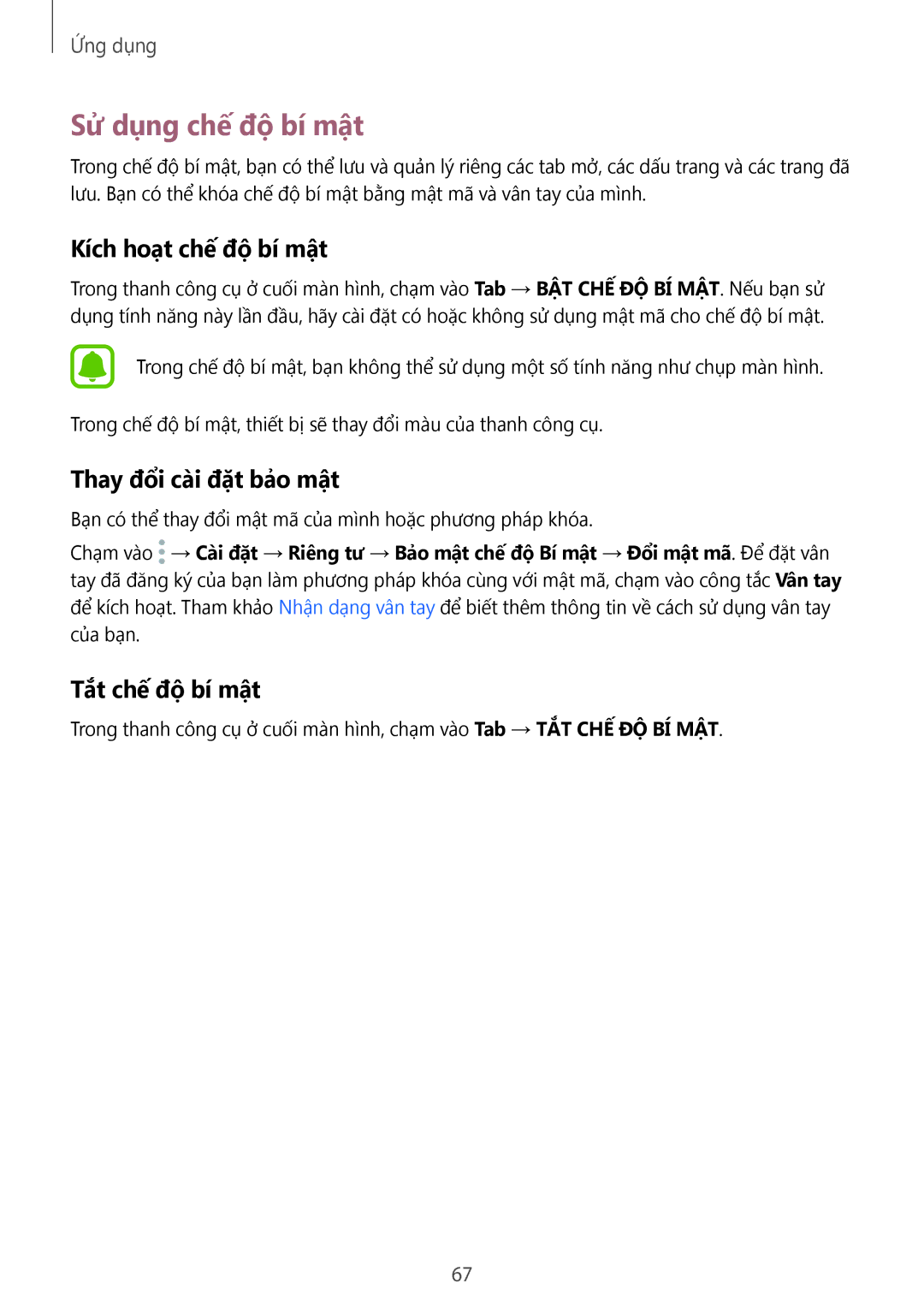 Samsung SM-A910FZDDXXV manual Sử dụng chế độ bí mật, Kích hoạt chế độ bí mật, Thay đổi cài đặt bảo mật, Tắt chế độ bí mật 